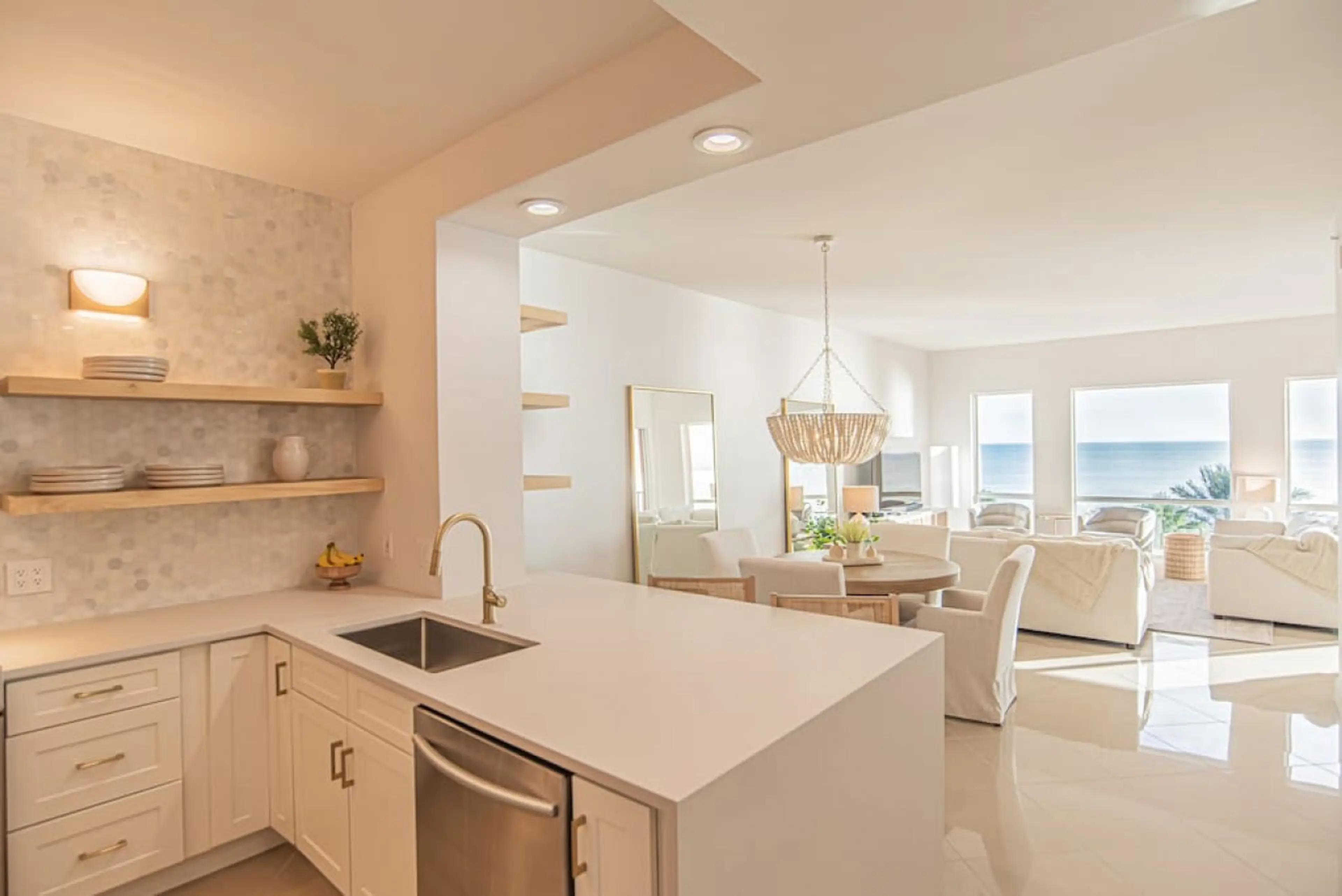 Kitchen, living, and dining in one open area.