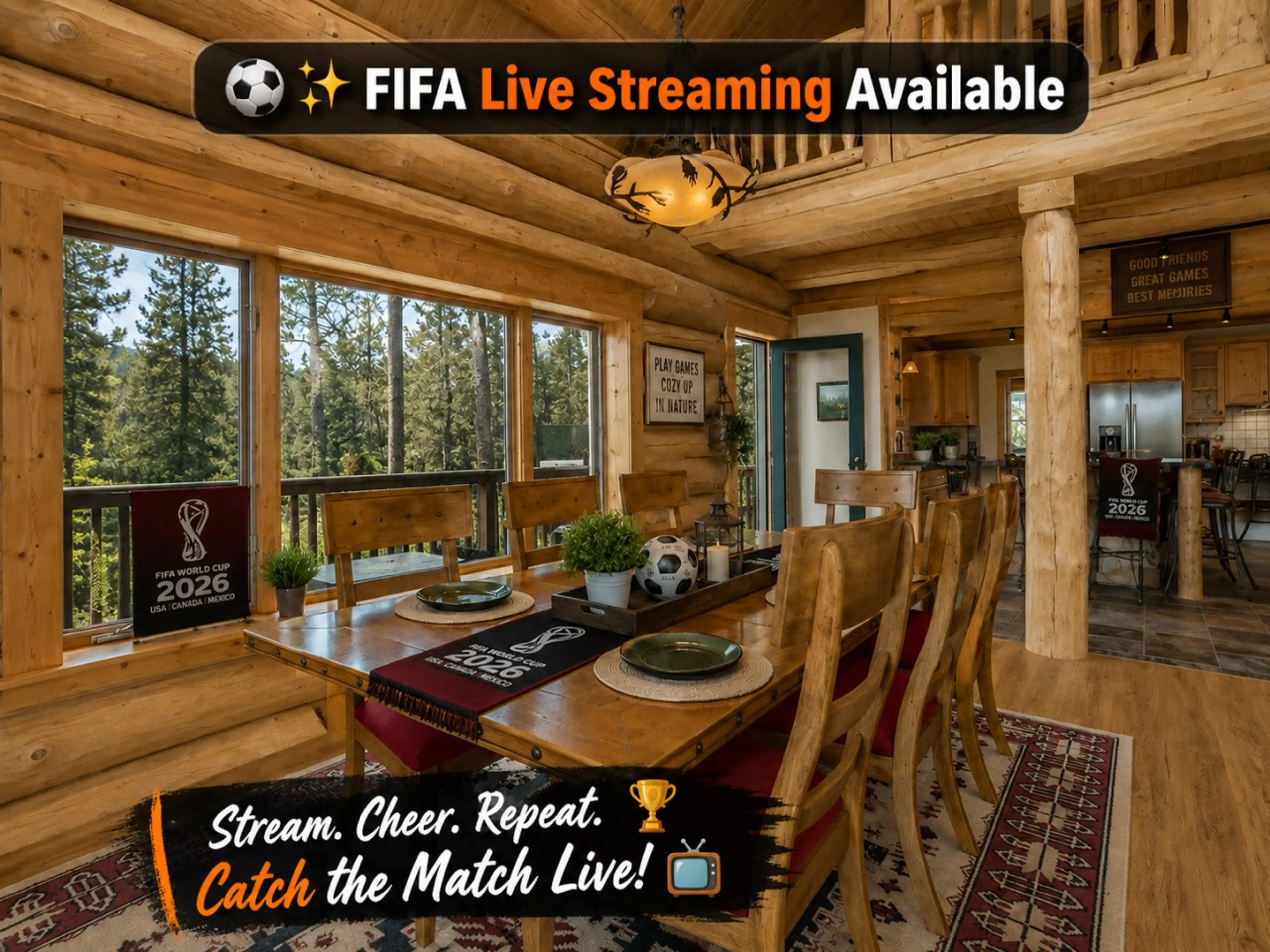 Cozy cabin, stunning views ⚽🔥 FIFA 2026 live streaming here!
