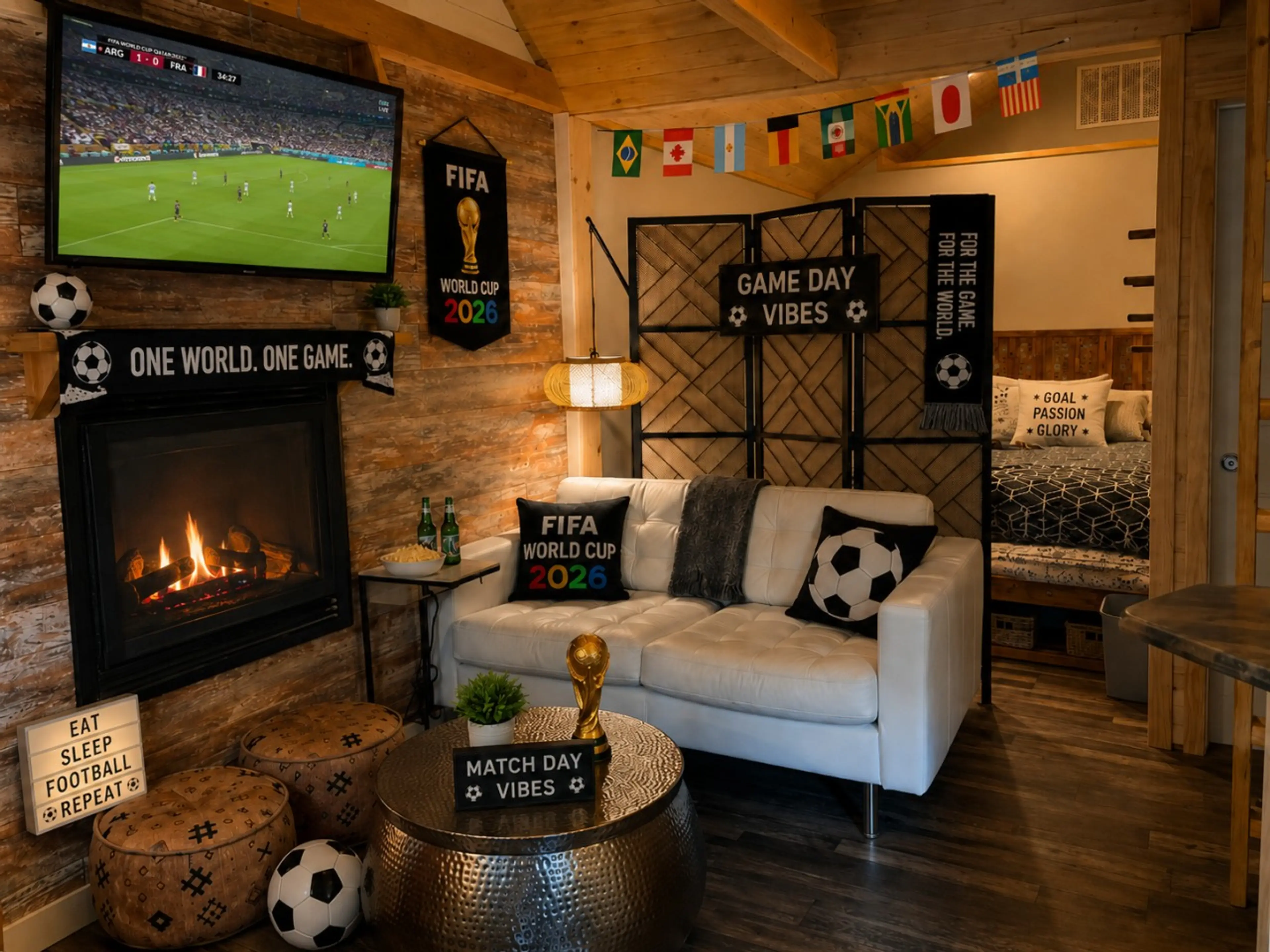 ⚽ Second living space with cozy fireplace, TV, and a quiet reading spot after FIFA match-day fun 🔥📺📖🏆