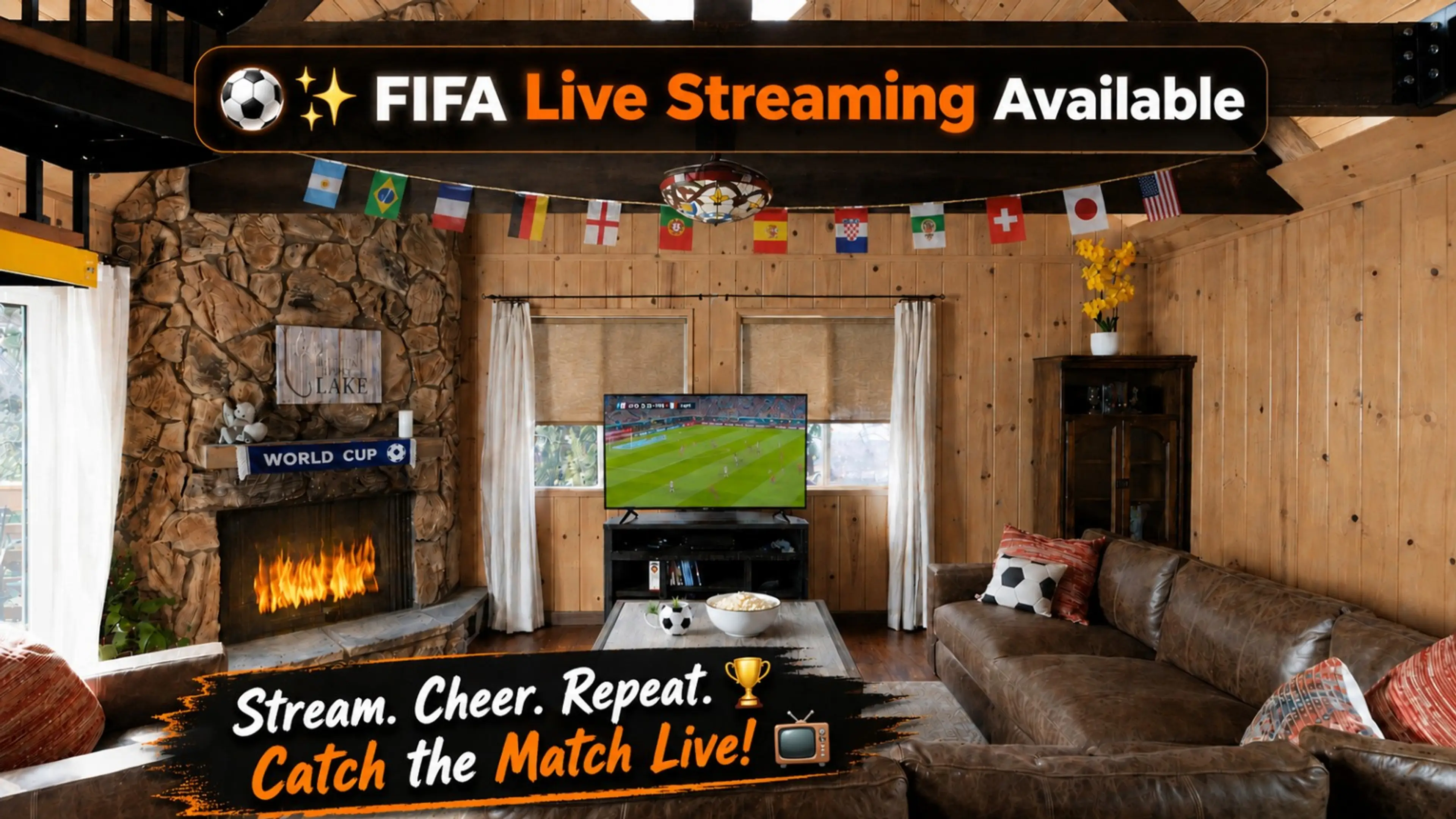 ⚽ Cozy cabin vibes with FIFA 2026 live streaming ready! 🏆📺