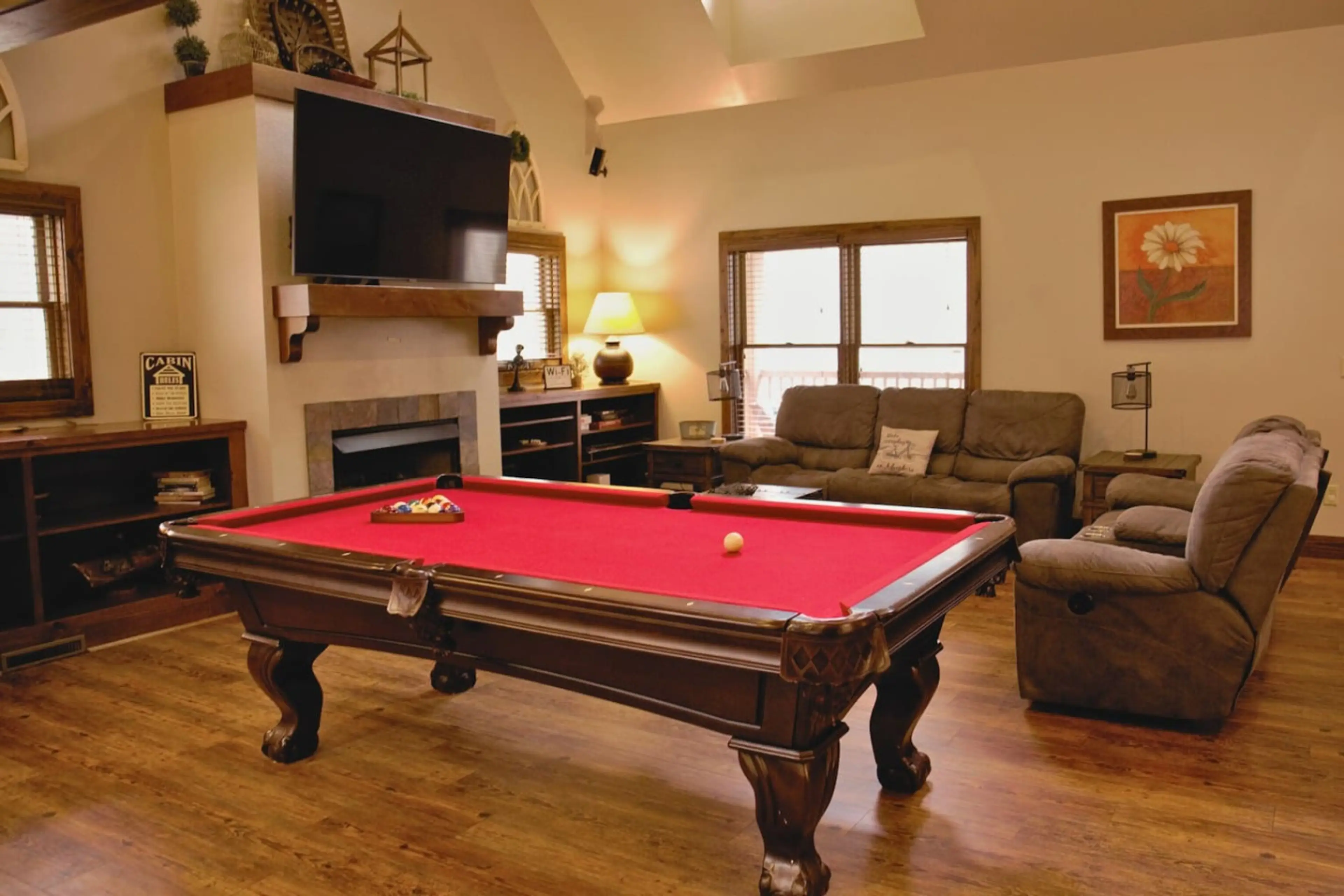 Relax on the sofas by the gas fireplace and enjoy a game of pool or ping pong, or watch your favorite shows on the smart TV.