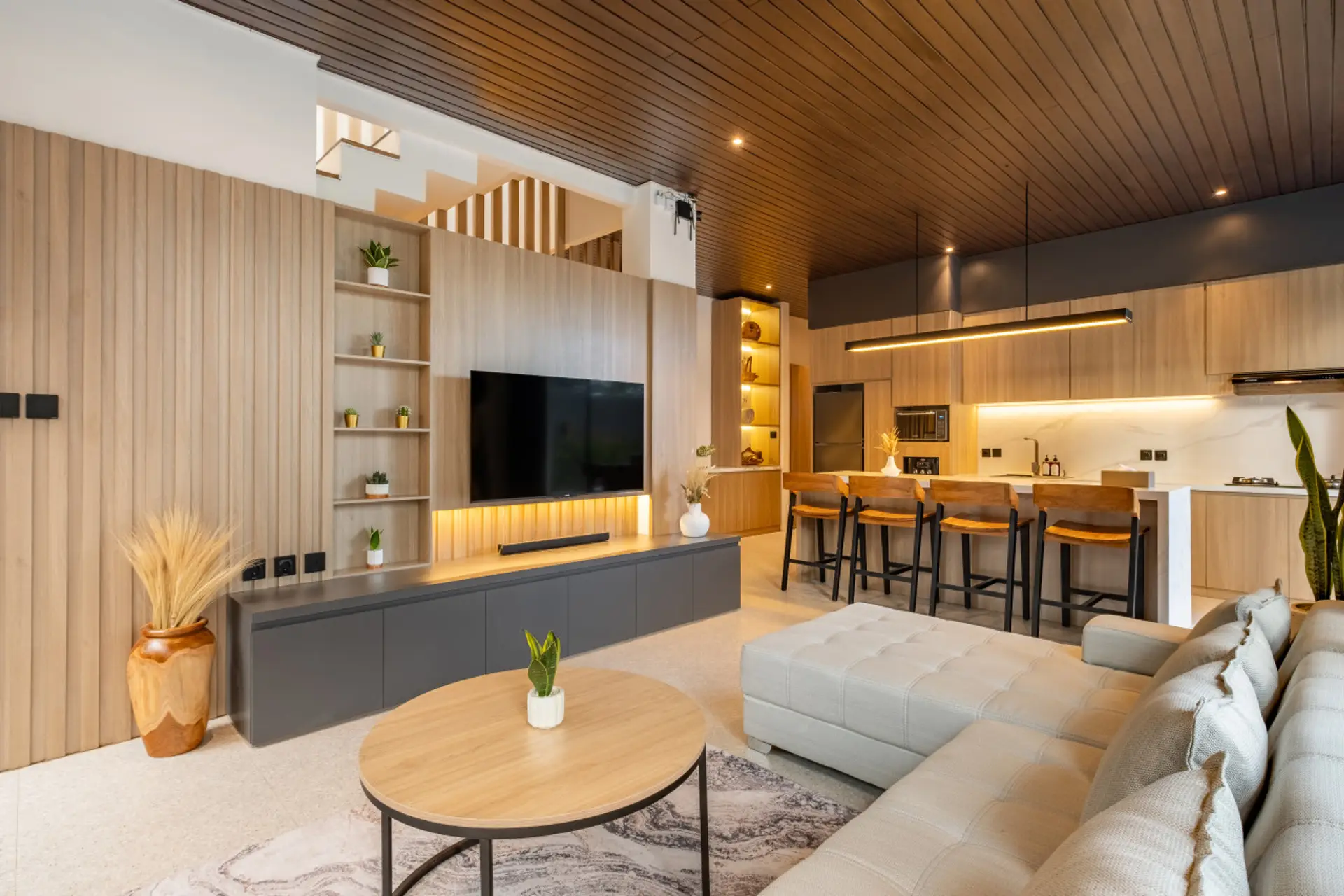 Modern open-plan living space with wood accents