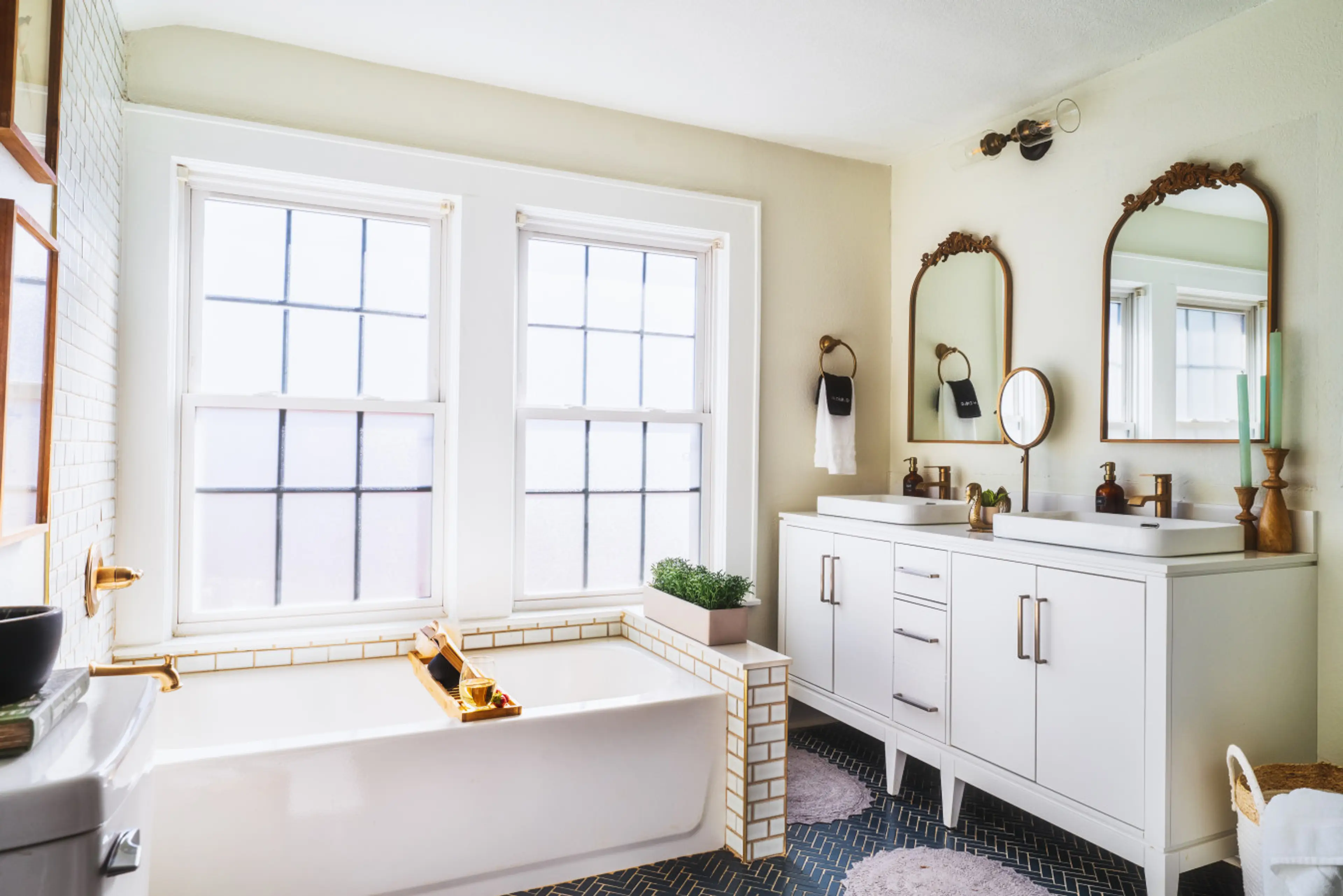 The master bath features a soaking tub, shower and double vanity!