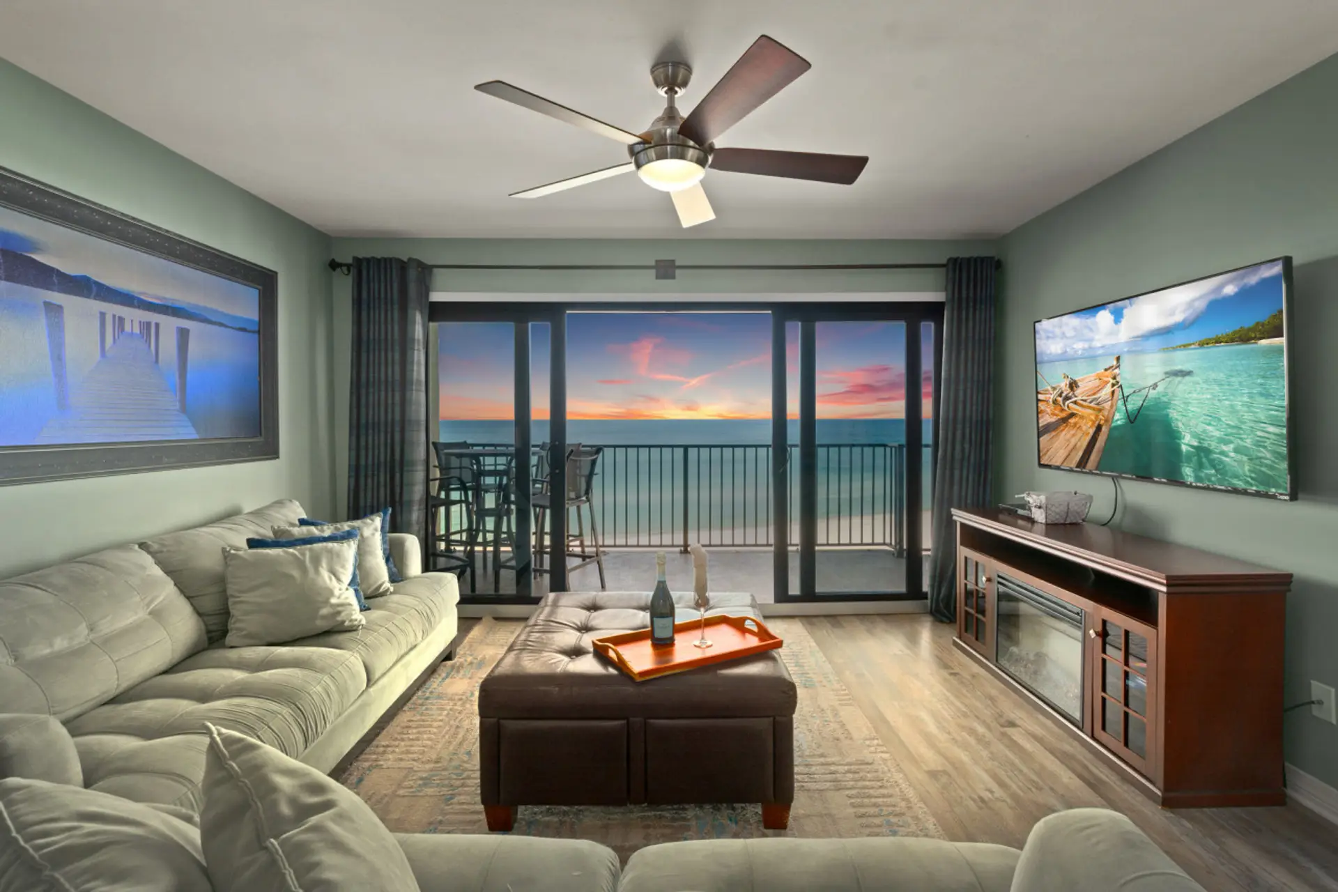 Breathtaking panoramic views from the living room, with smart TV & electric fireplace