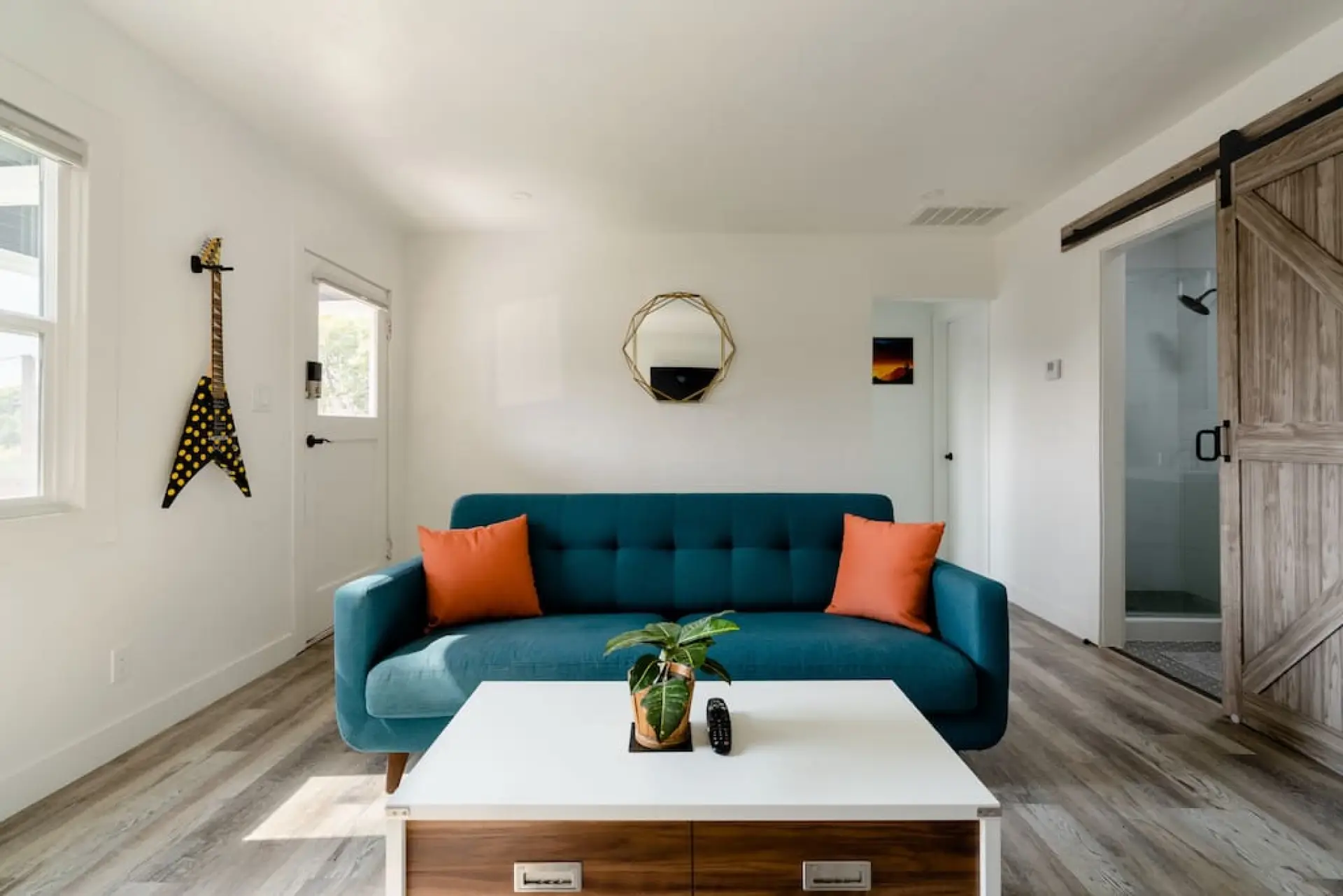 Fun living room with plenty of natural light.