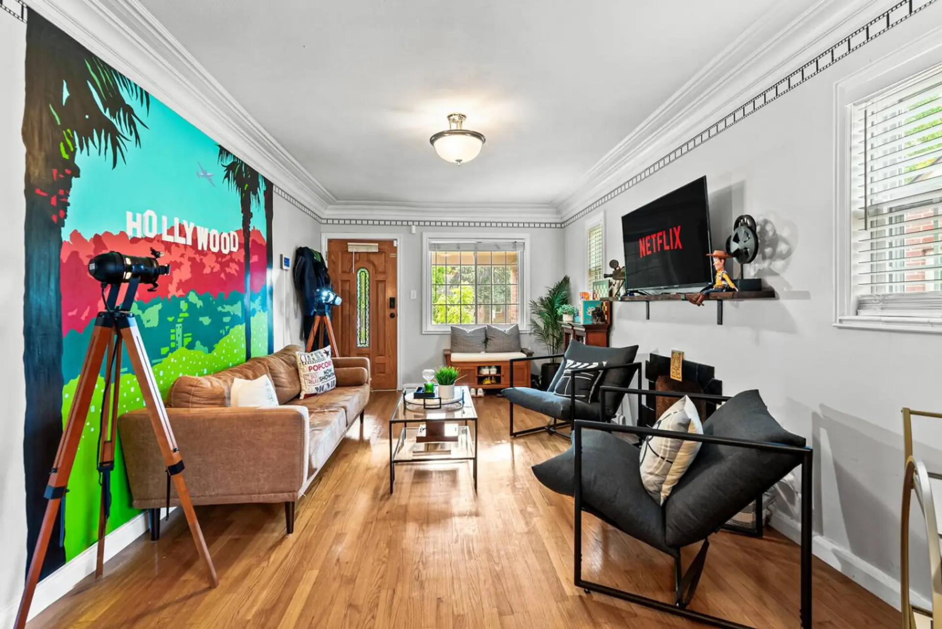 Movie inspired living room with plenty of seating
