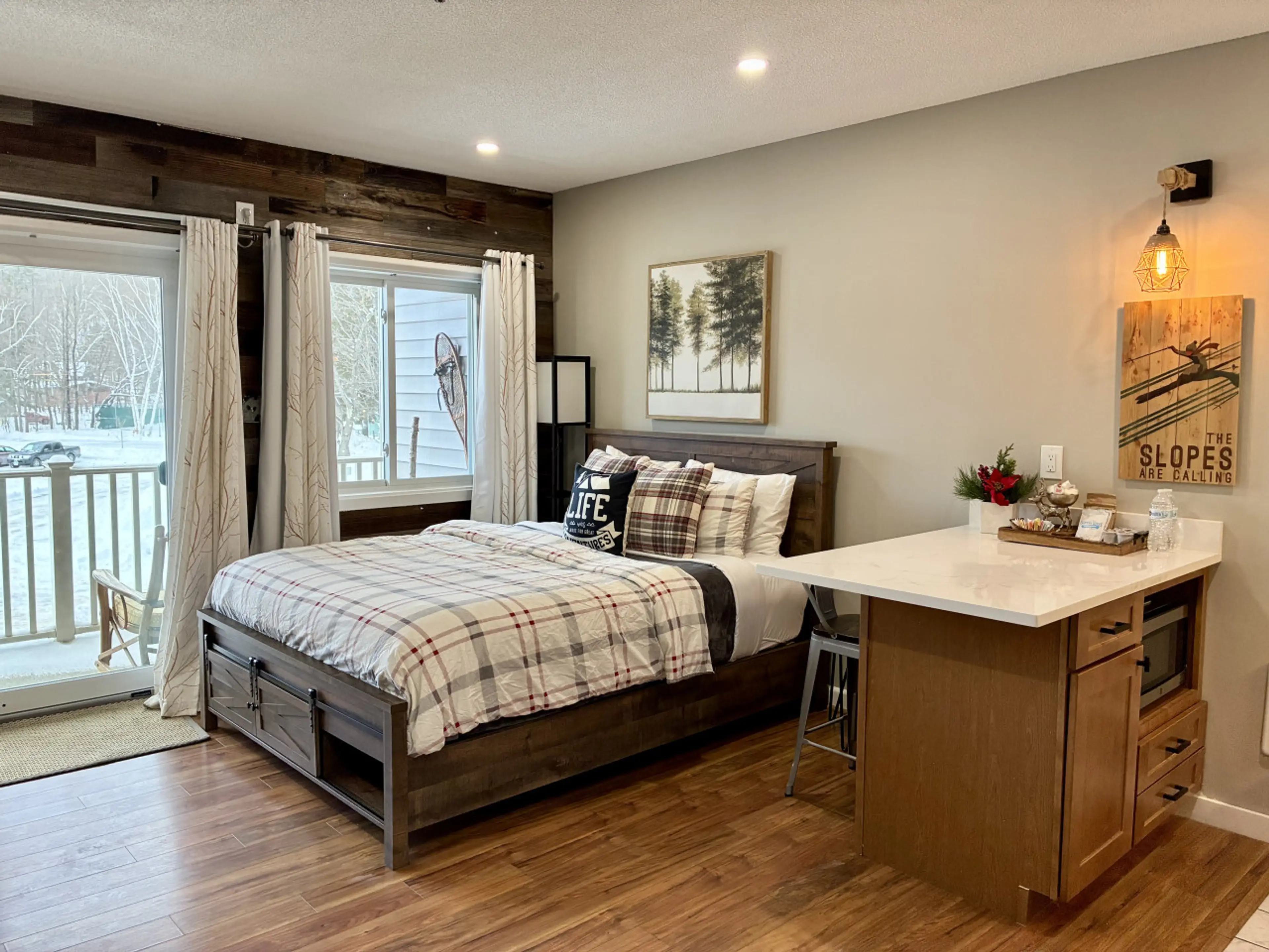 Enjoy our stylish ski lodge decor and comfy queen bed!