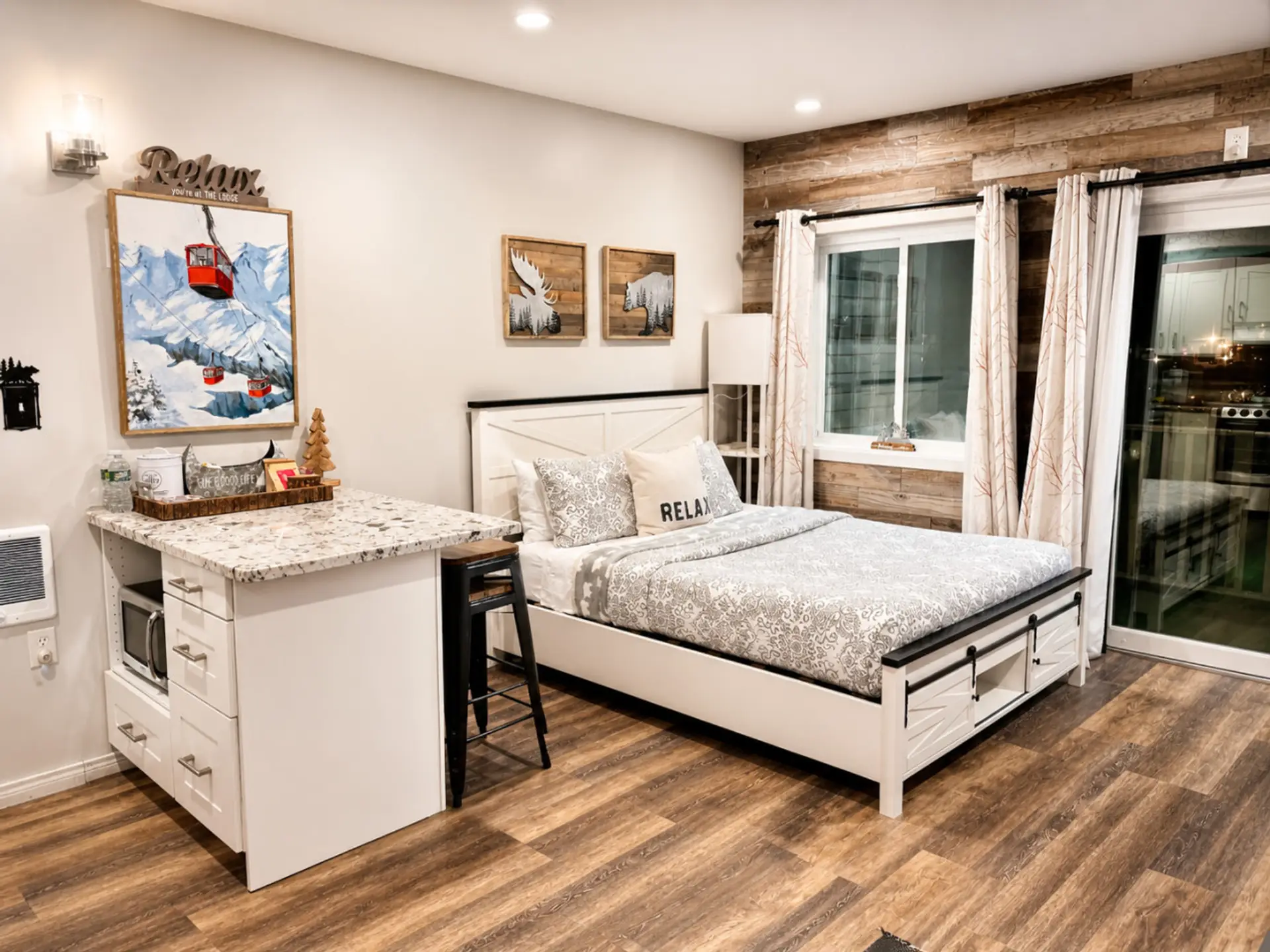 Enjoy our remodeled Studio Apartment with Queen bed and sofa bed.