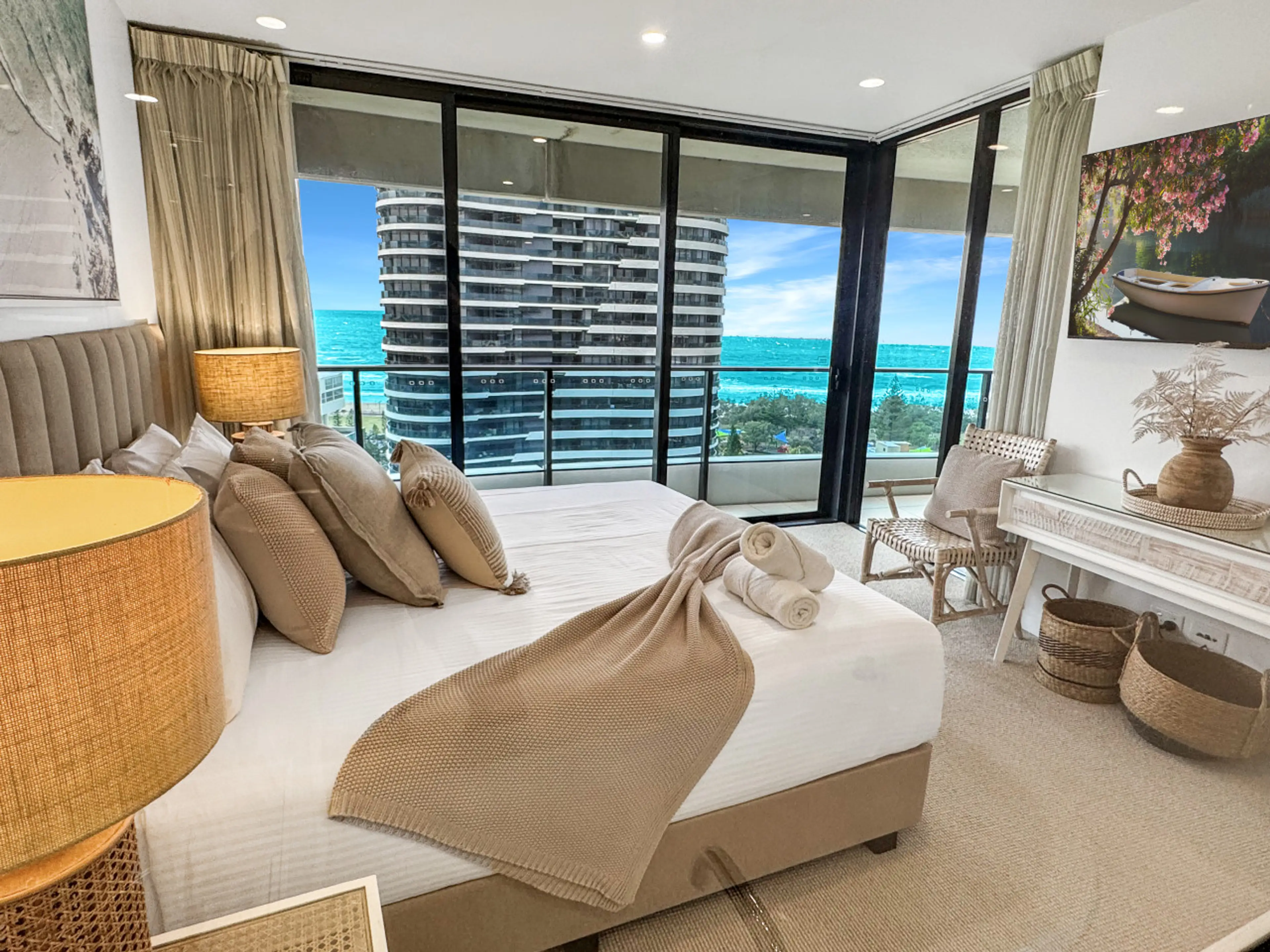 Main bedroom with ensuite, walk in robe, TV and ocean views