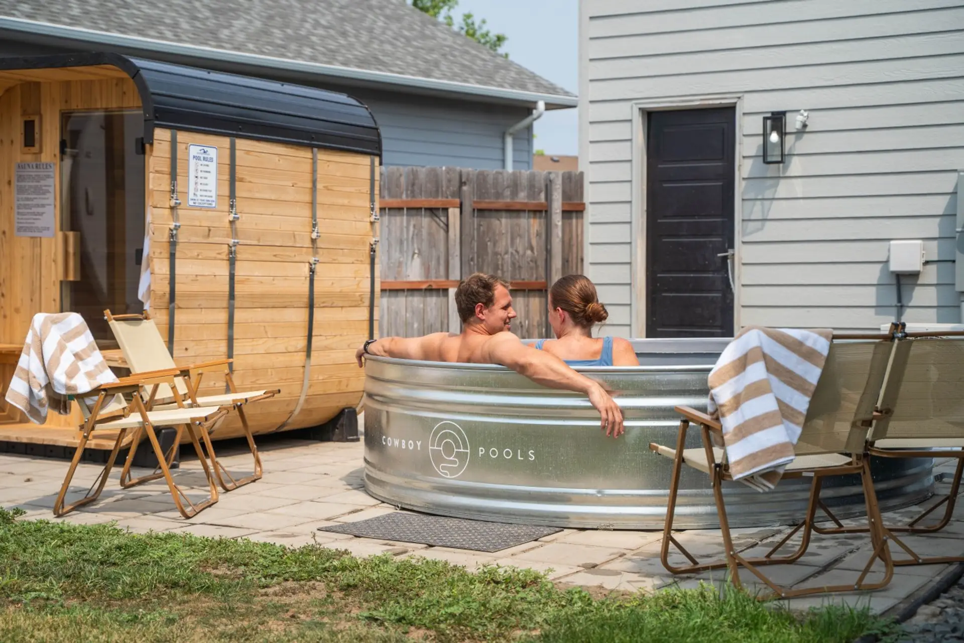 The Cowboy Pool is the star of the backyard - the versatile pool can be used as a cold plung, soaking pool, or hot tub in April - October.