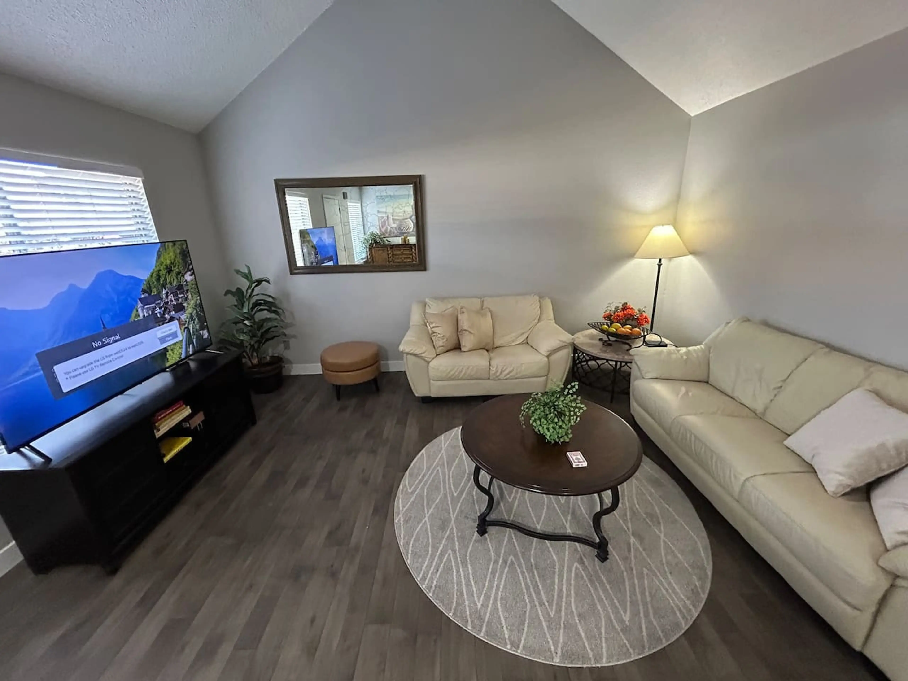 Vaulted ceiling living room/ large TV