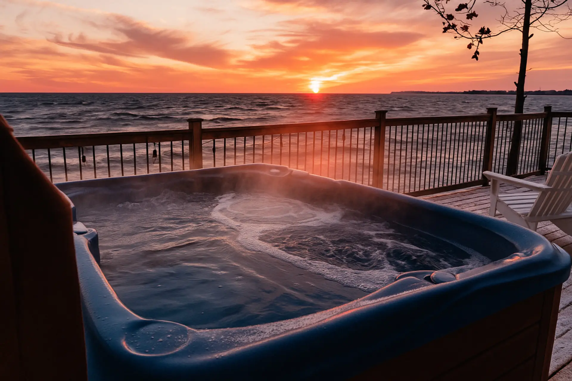 Soak in the hot tub as the sun sets over Lake Erie — a front-row seat to the water, every season.