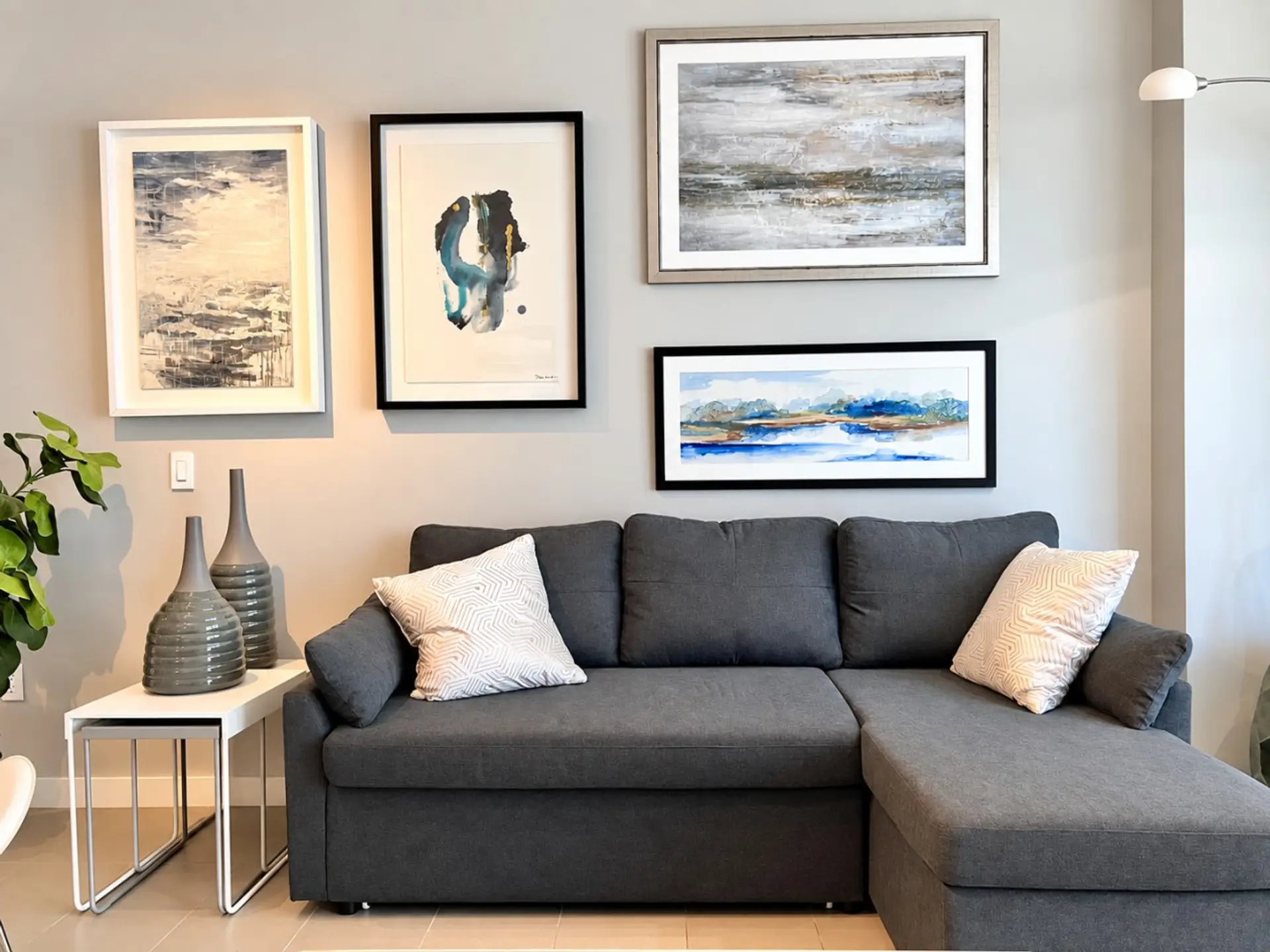 Minimalist living room with modern wall art.