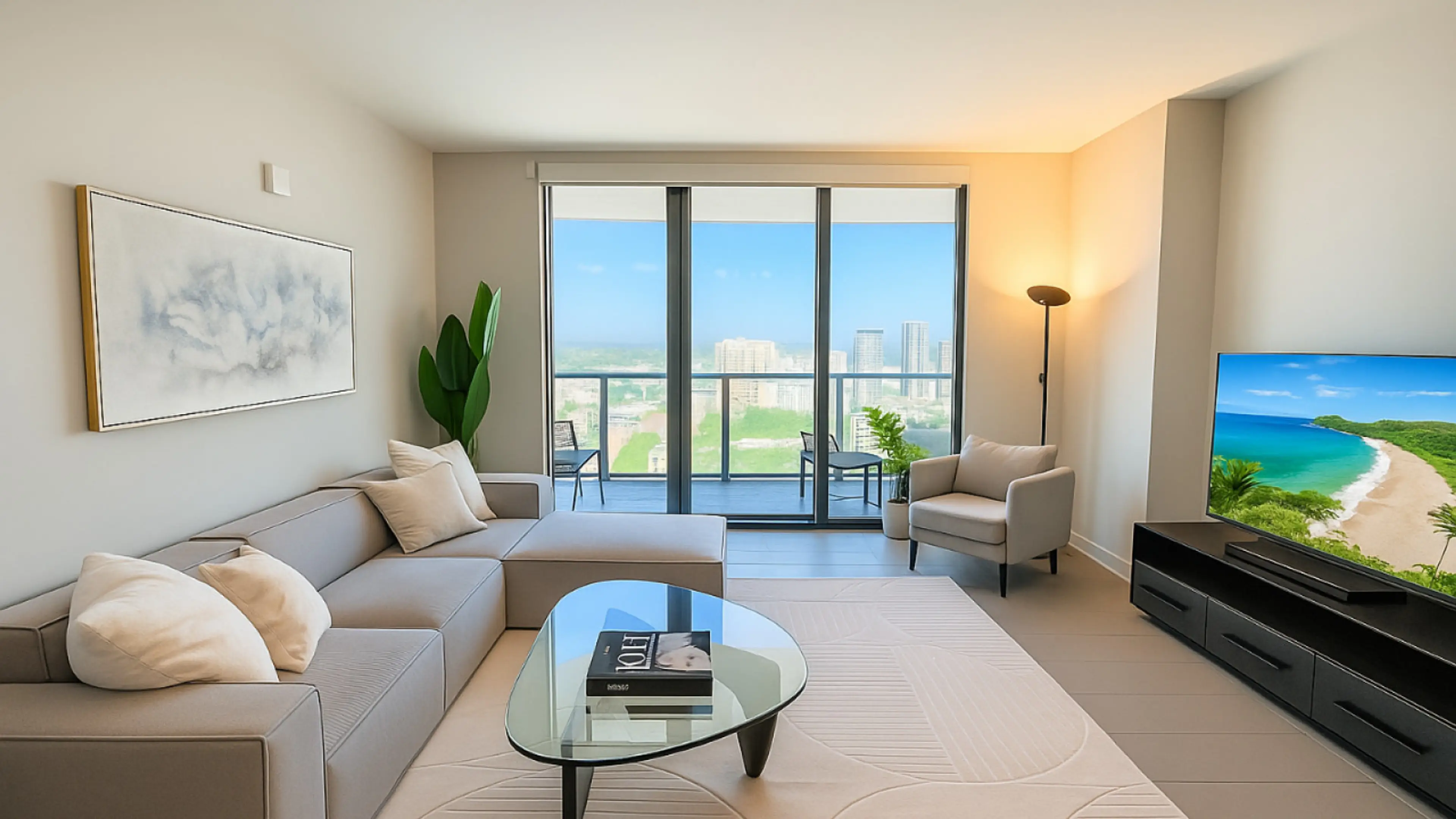 Living Area: Modern open-space living room with stunning city views, a 65” Smart TV, and a sound bar for the perfect entertainment setup.