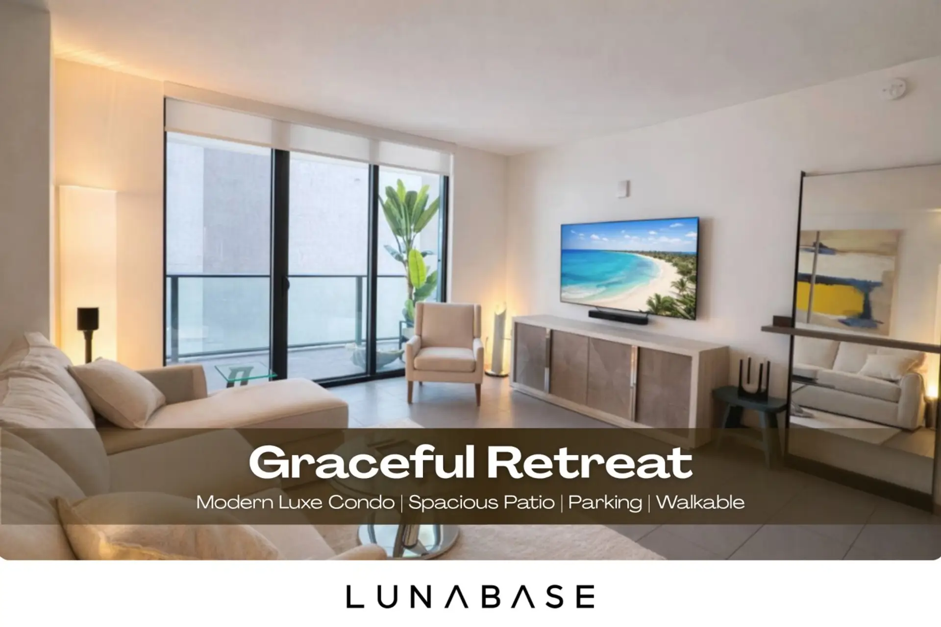 Stylish living room with a comfortable sofa and a smart TV enhanced by a soundbar.