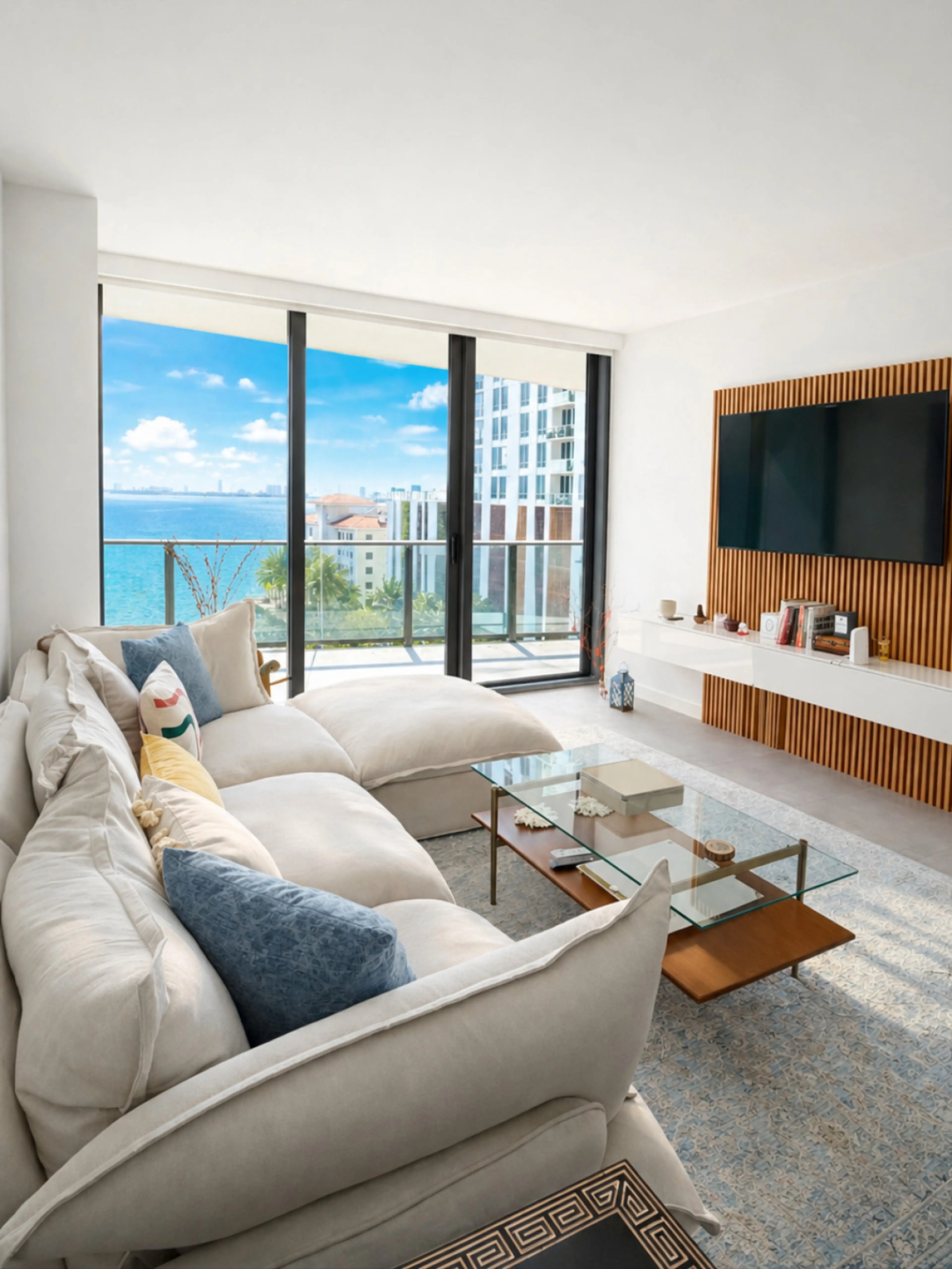 Spacious living area with TV and direct balcony access