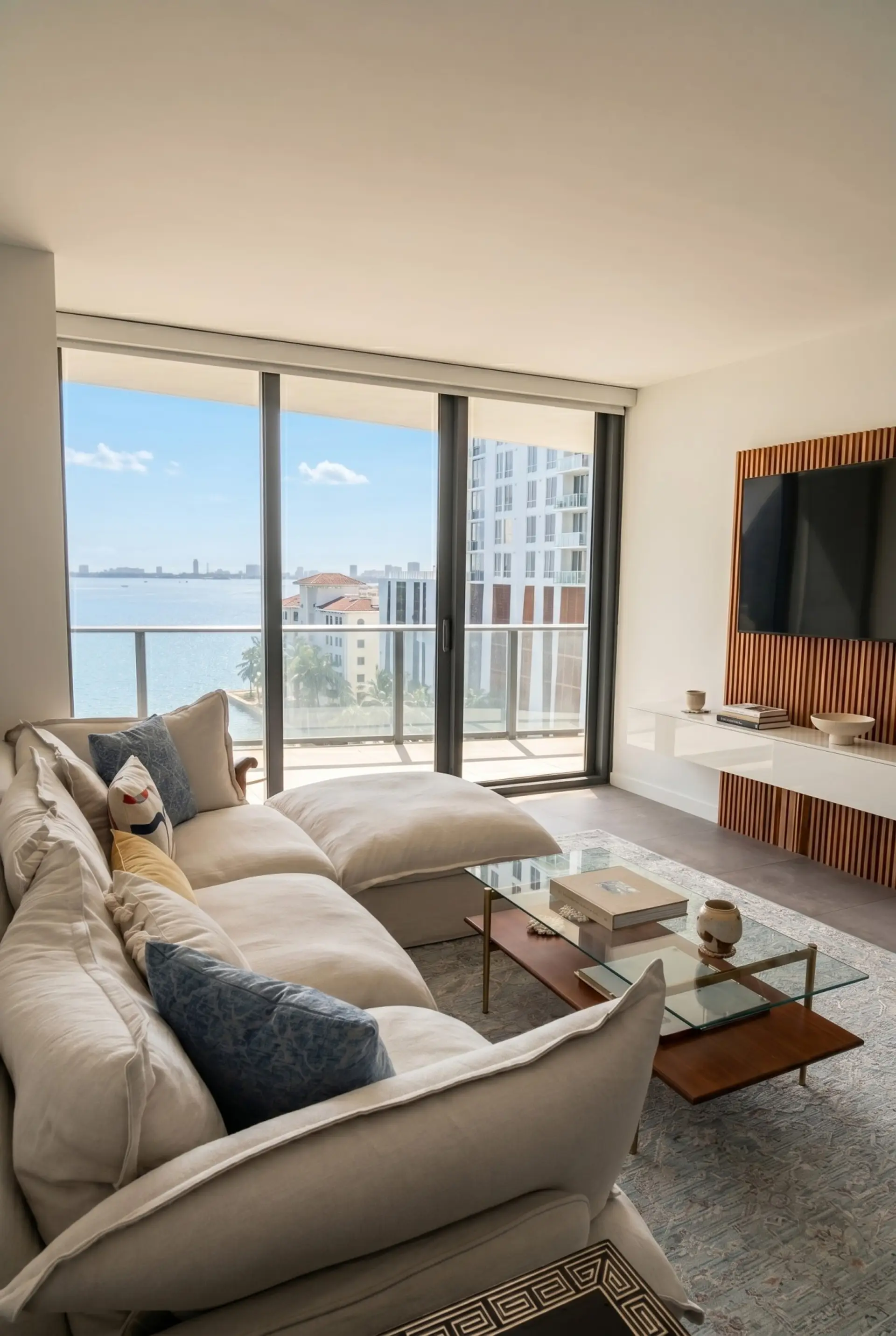 Spacious living area with TV and direct balcony access