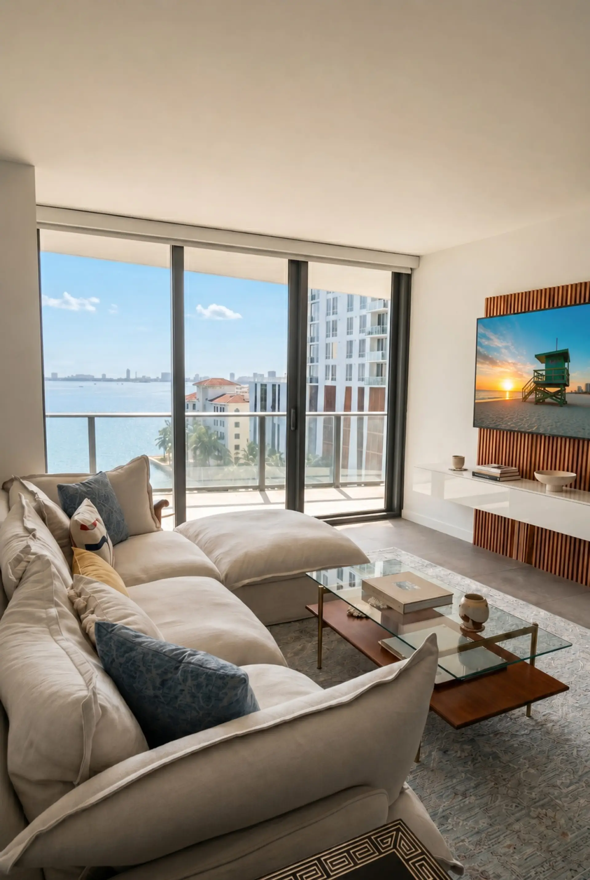 Spacious living area with TV and direct balcony access