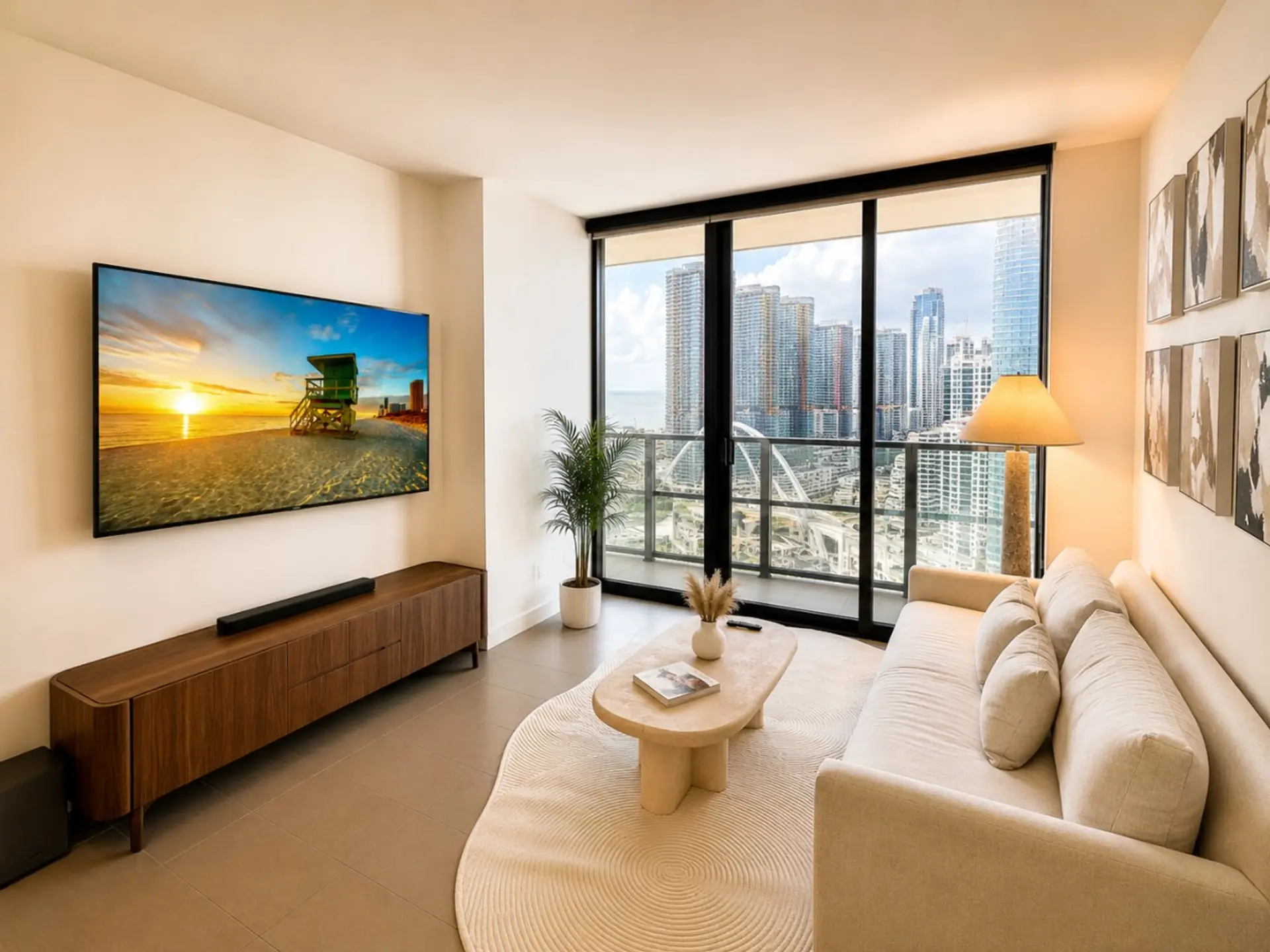 Bright living room with stunning skyline views