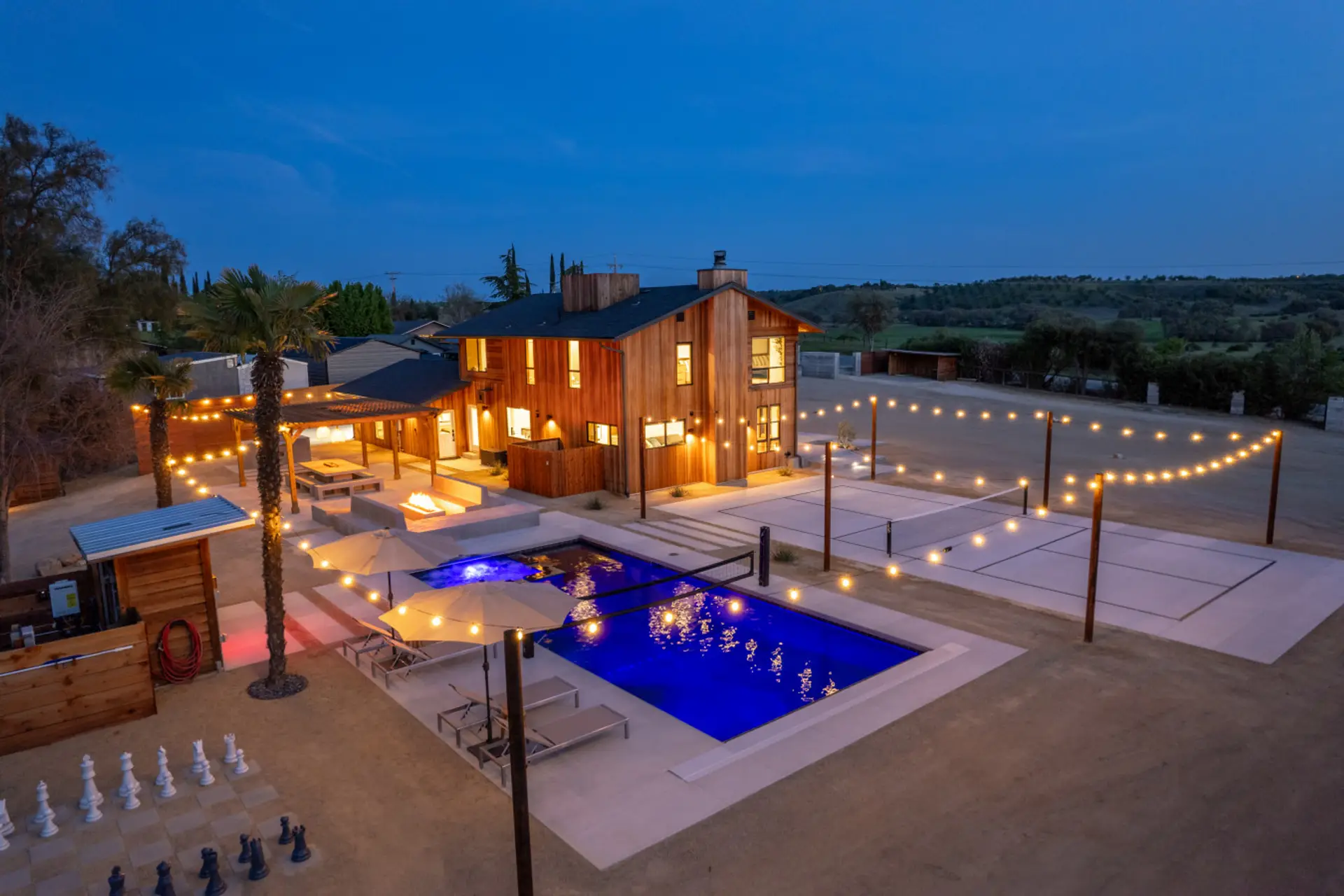Property grounds with pickleball court, pool, spa, sauna, outdoor chess.