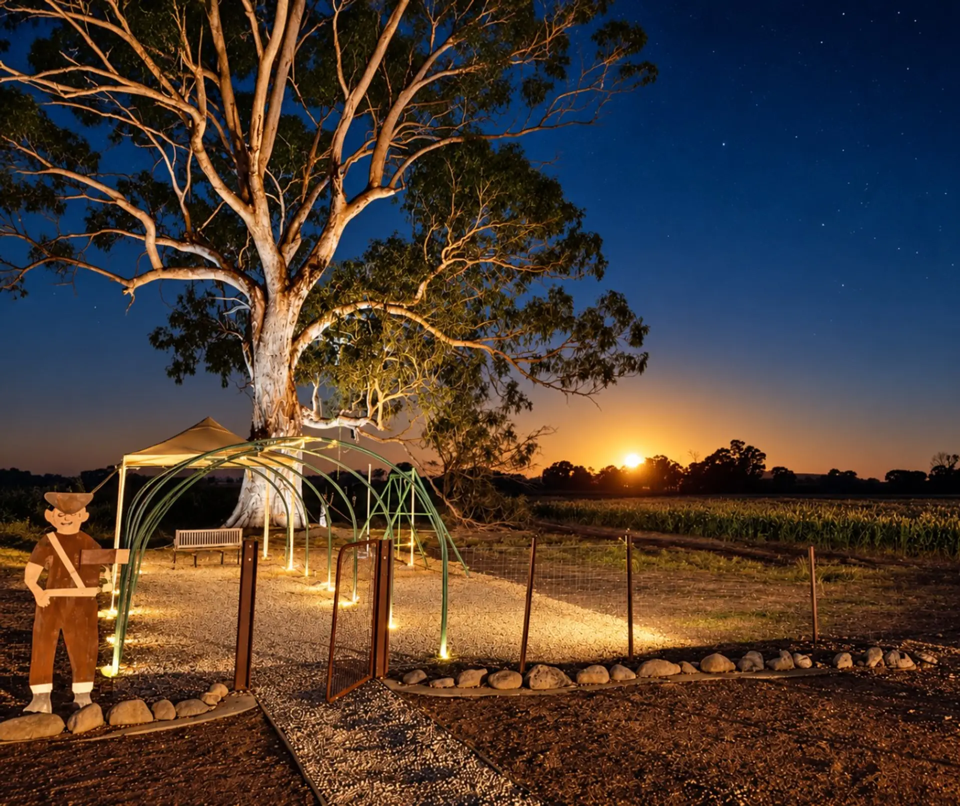 Redgum River Retreat beneath a full moon and illuminated river redgums.