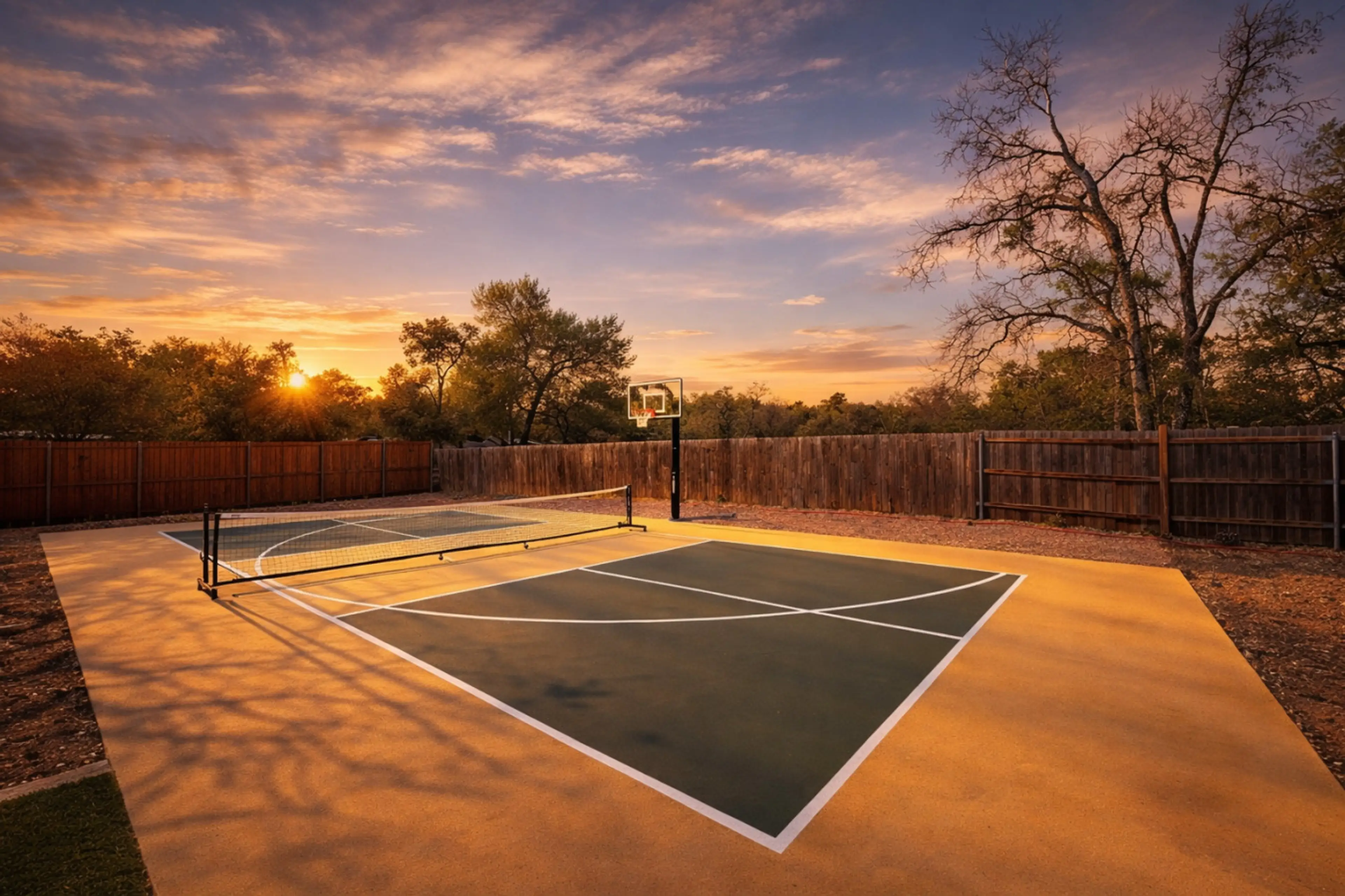 Private sport court by day, event space by night—pickleball, basketball, and room to gather.
