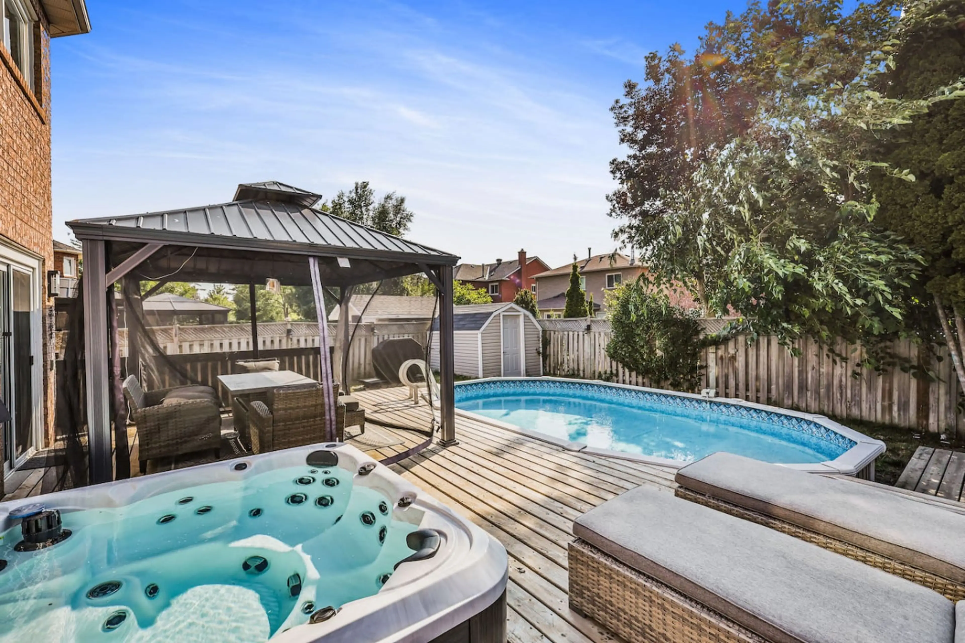 Escape to your own backyard oasis. Relax in the hot tub, swim in the pool, or dine al fresco under the gazebo. Your perfect summer is waiting.