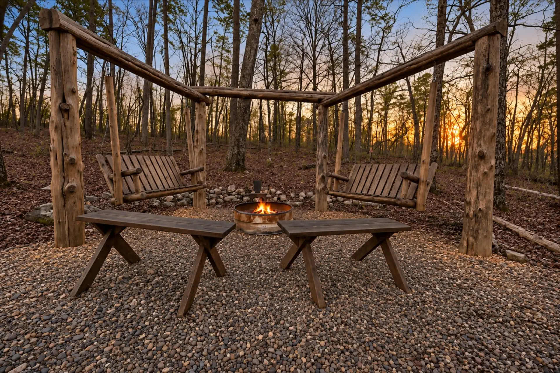 Rustic Wooded Cabin Fire Pit with Swings