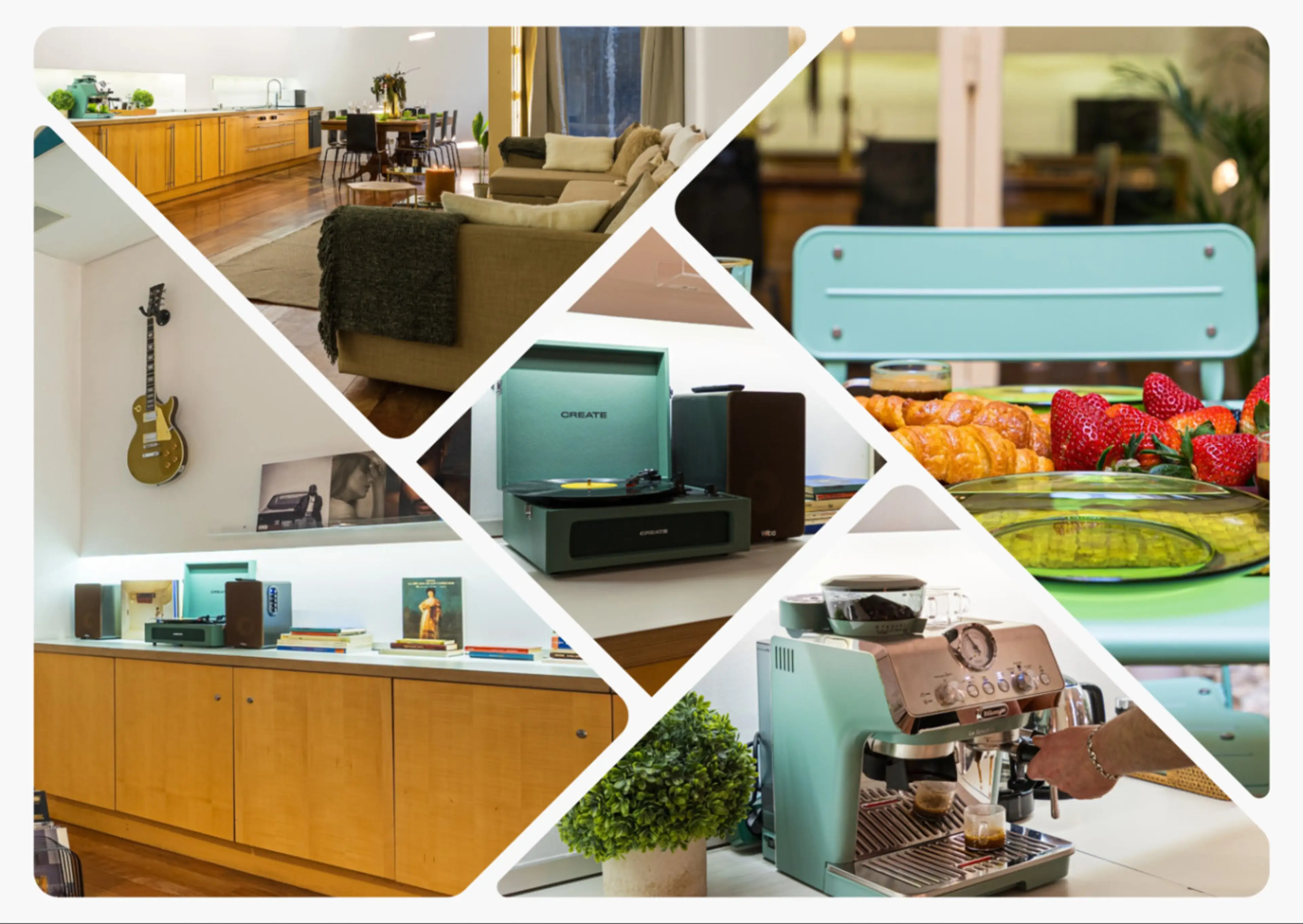 Living Area: Enjoy a vibrant space with a retro record player and gourmet coffee setup!
