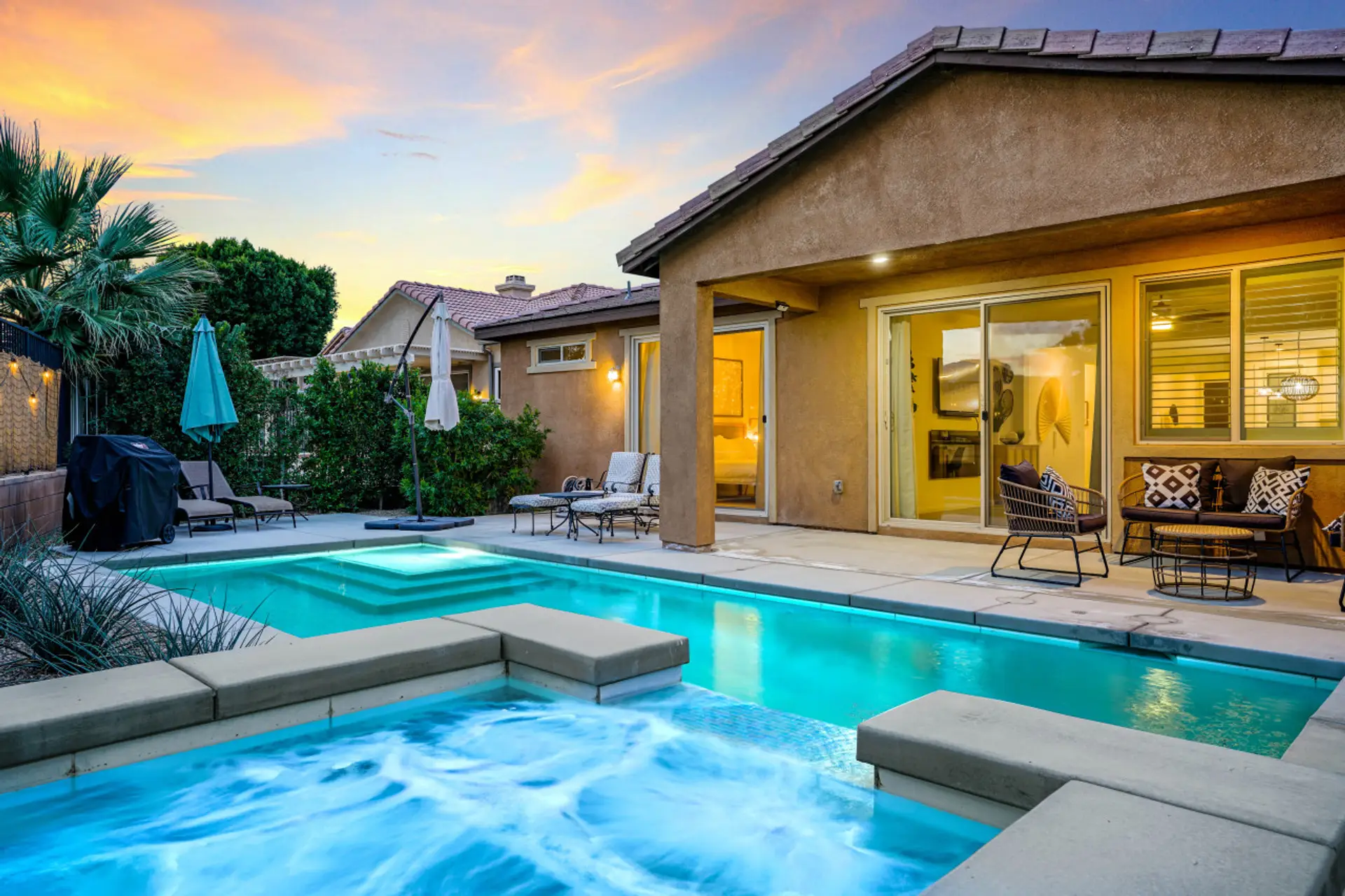 Spacious backyard with heated pool, hot tub, gorgeous views