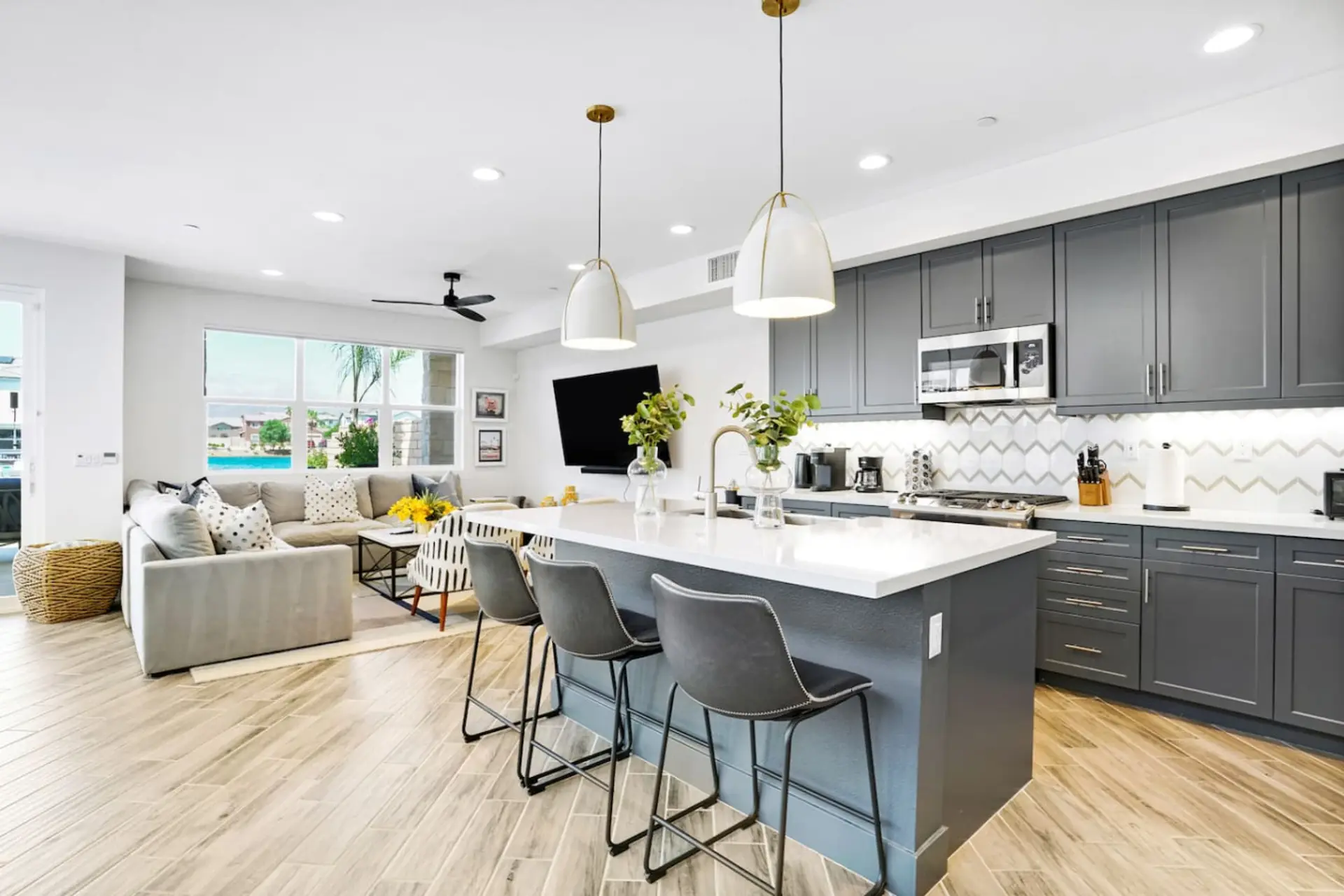 Contemporary comfort: spacious kitchen, cozy living, chic design