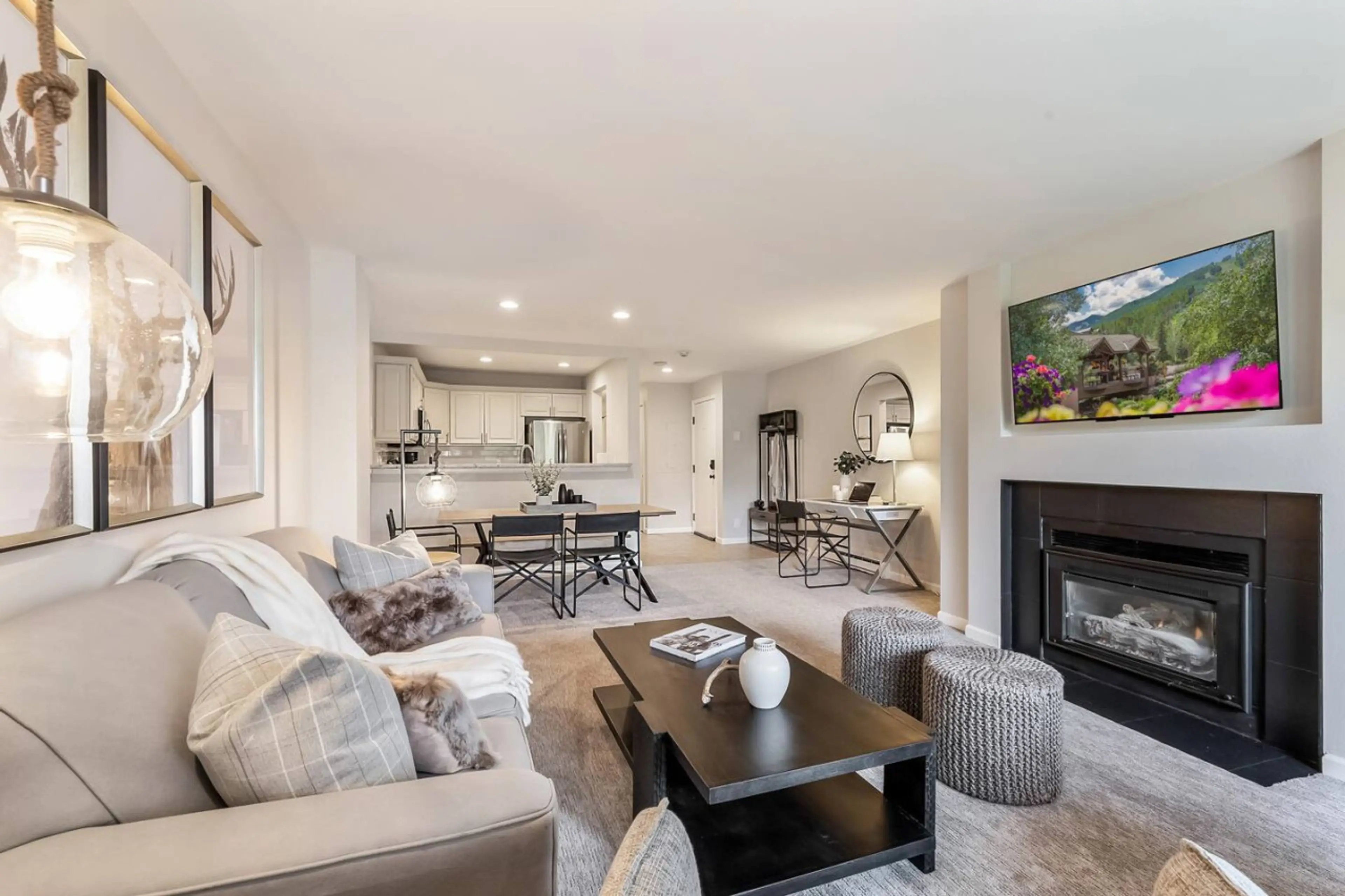 Open concept living with gas fireplace