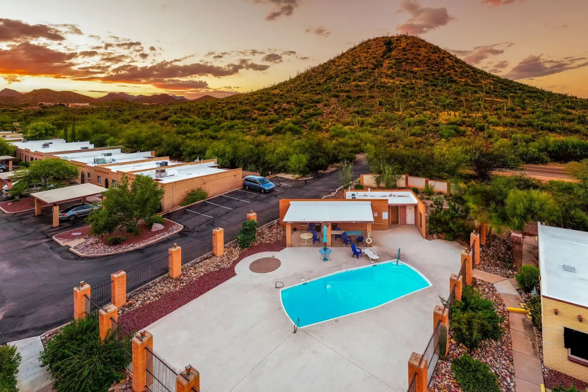 Bird's-eye view of the community pool and surrounding mountains