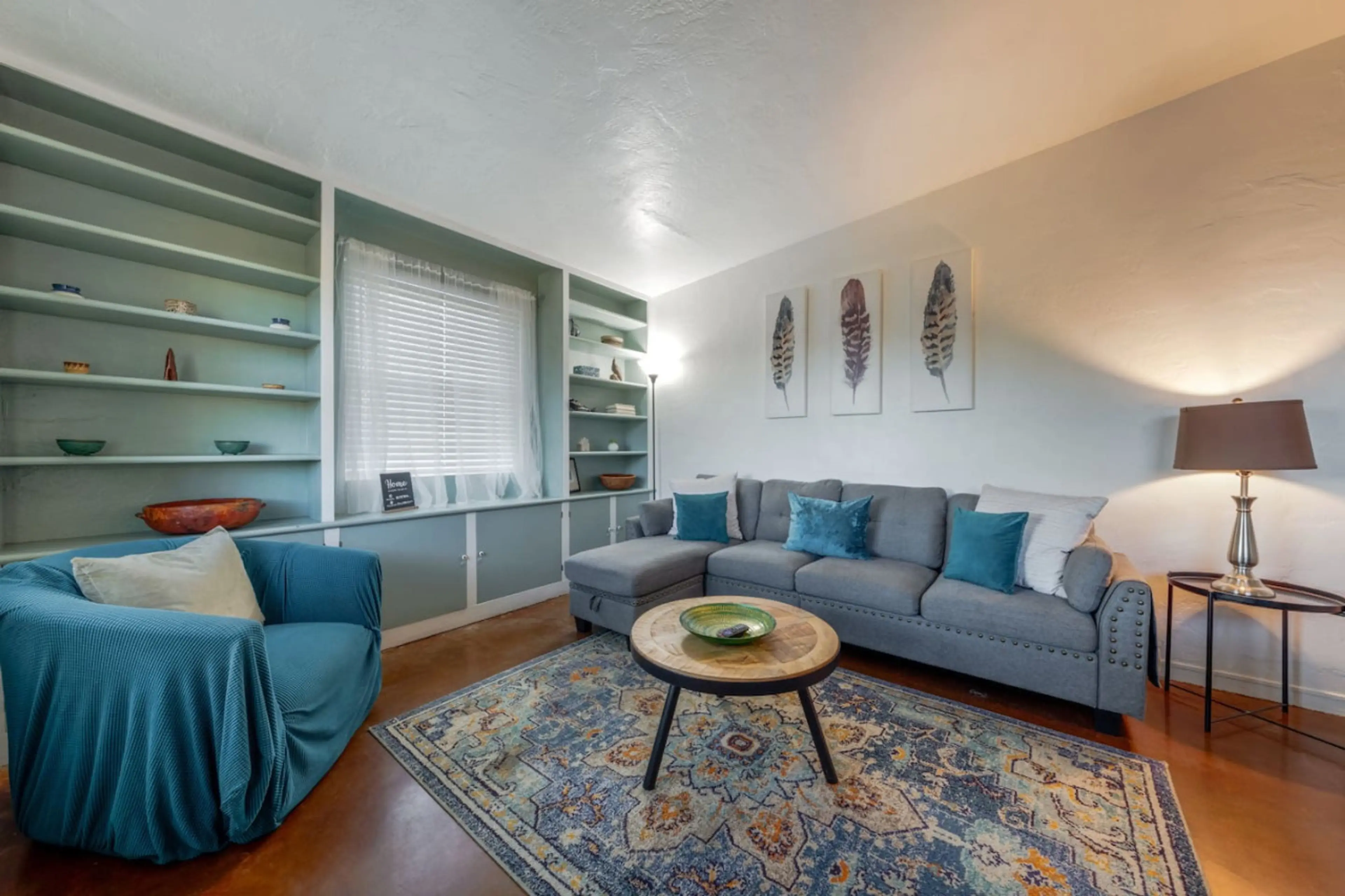 Living room with beautiful built-ins and cozy seating