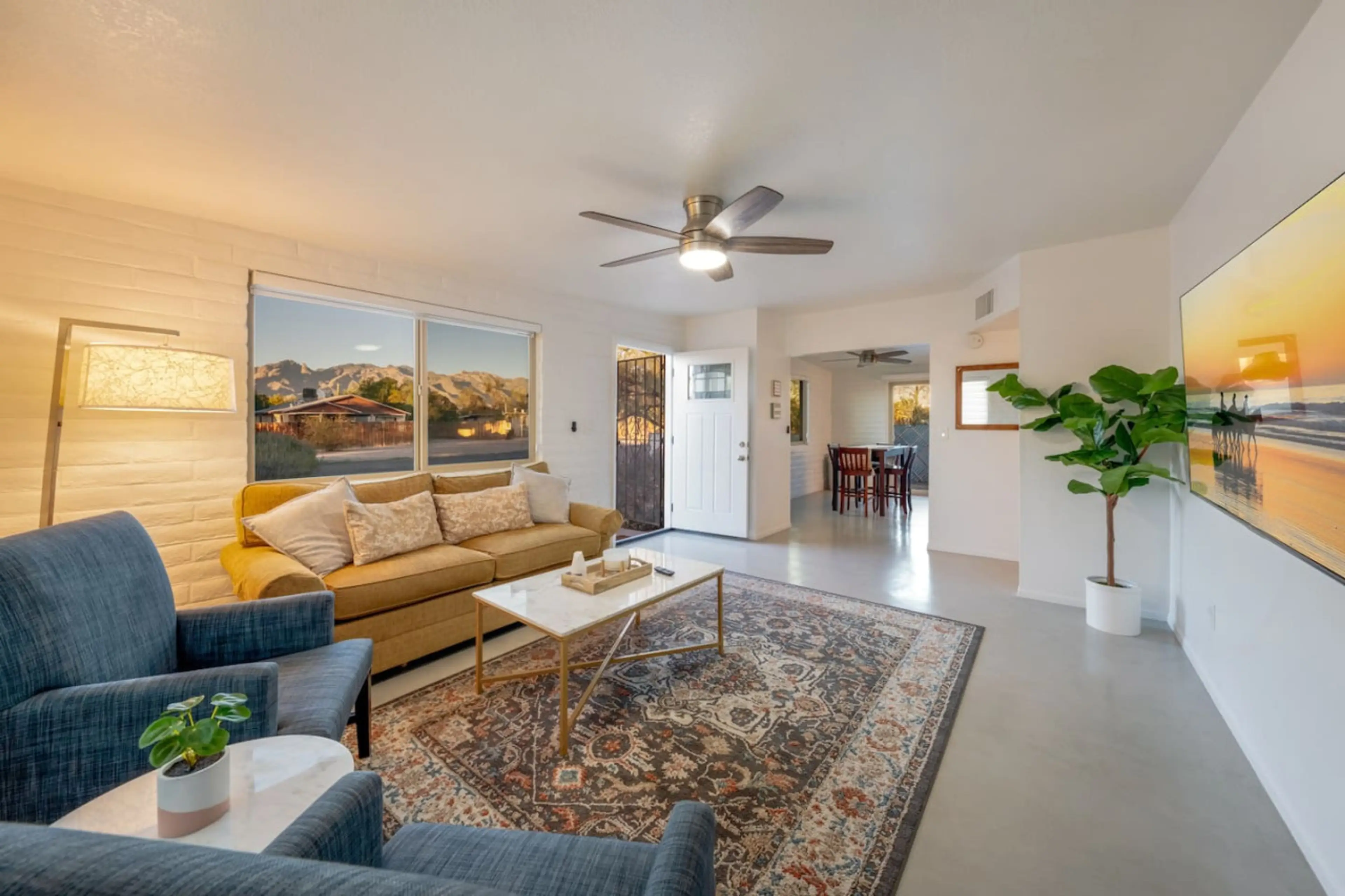 Well-designed and comfortable front living space, with smart TV and mountain views