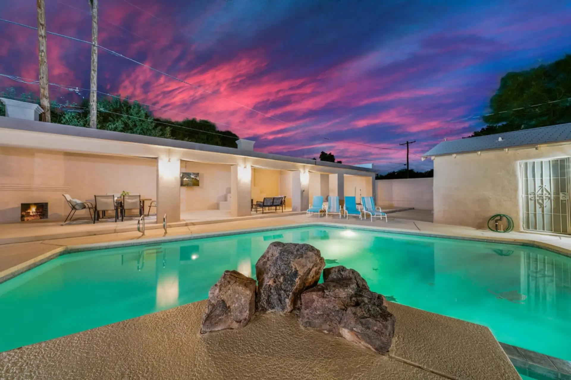 Evening swims all year — heated pool and hot tub with room for the whole group (heating available for an additional fee)
