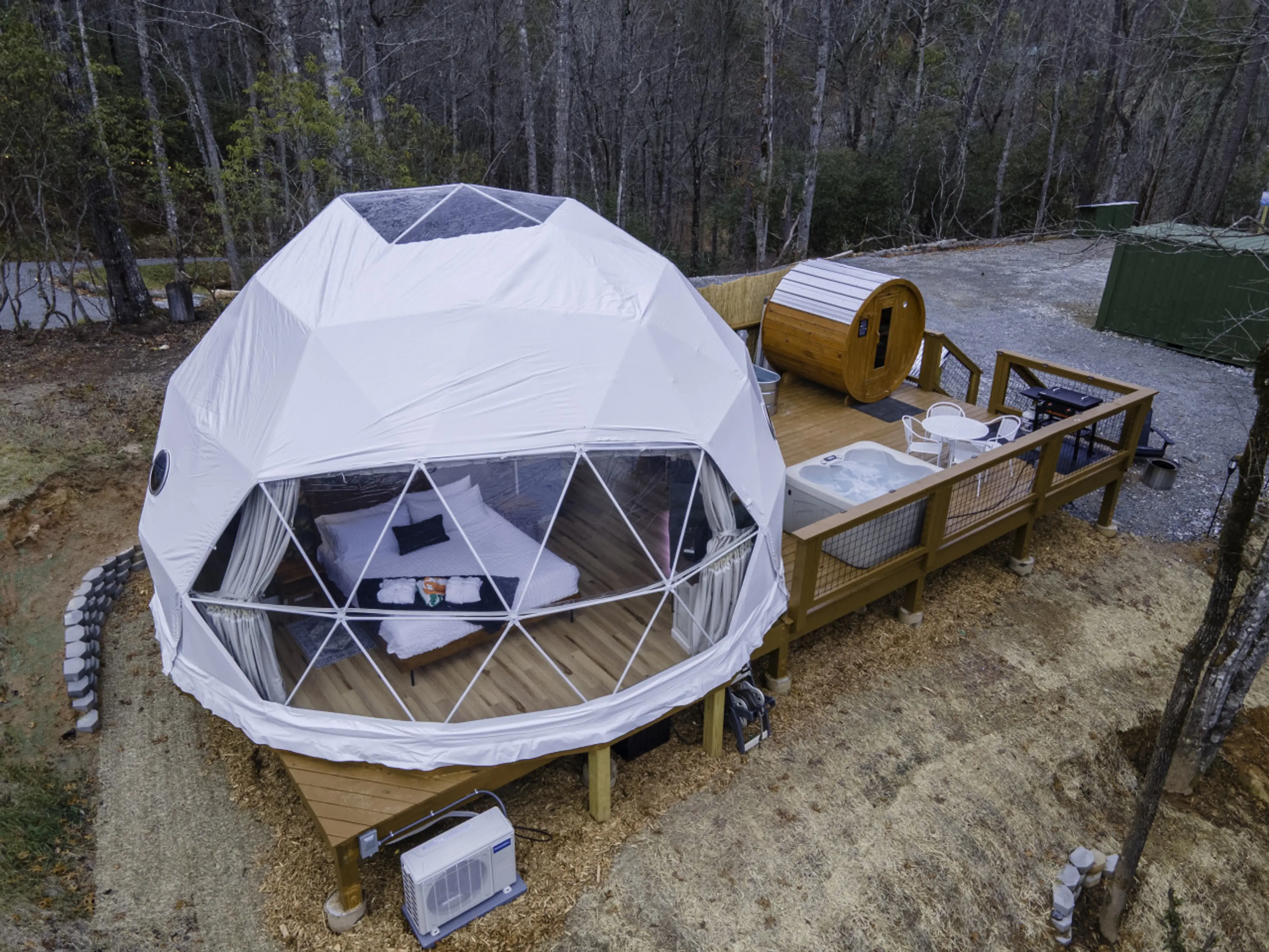 The Monarch Dome by Pisgah Domes. Our newest dome in our offerings with stargazing skylight, private sauna and hot tub.