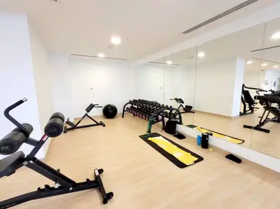 Weights corner of the gym with dumbbell rack, benches and mirrors