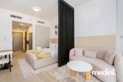 Open studio layout with curved sofa and bed behind a black slatted divider
