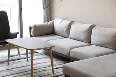 Living room showing a grey L-shaped sofa and low wooden coffee table on a colourful rug
