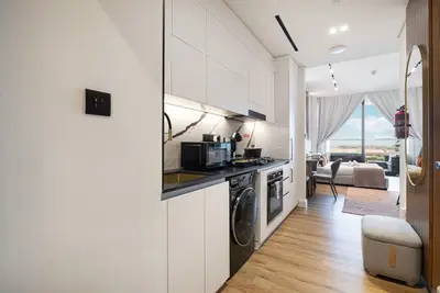 Narrow kitchen with white cabinets, gas hob, built-in oven and washing machine