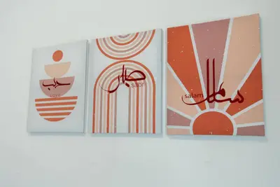 Three canvas prints with Arabic calligraphy and geometric patterns on a wall