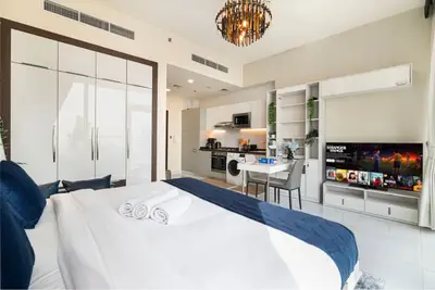 Studio from the door end showing white built-in wardrobe, kitchen and large smart TV