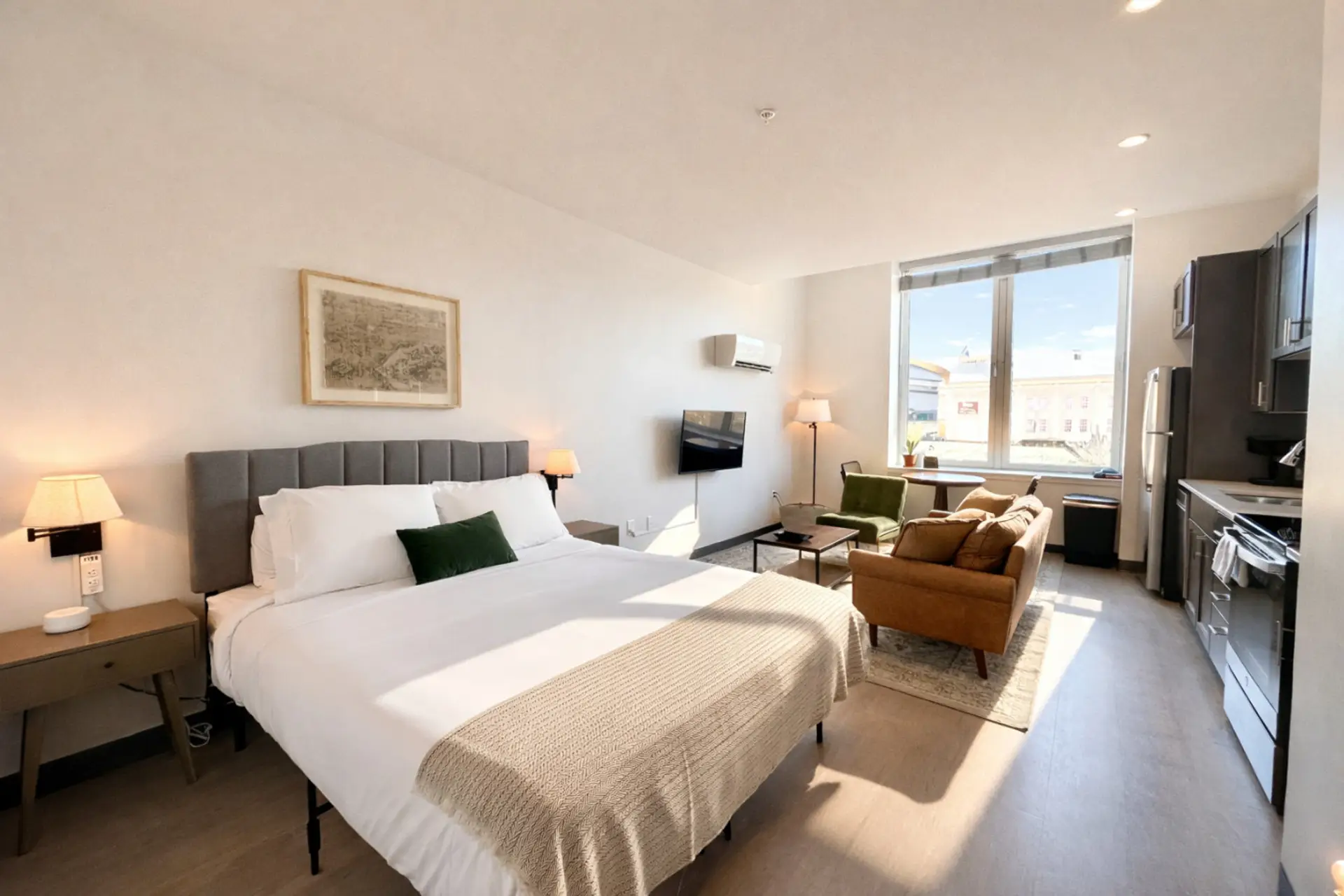 Relax or catch up on emails in this open-concept living space designed for productivity and comfort