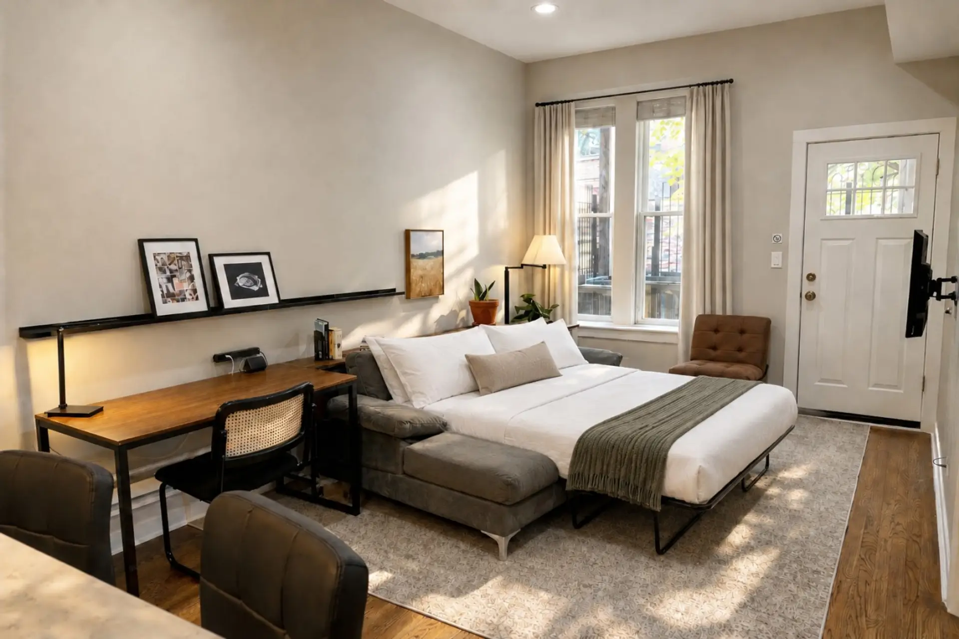 The sofa bed adapts to your schedule, transitioning seamlessly from a midday lounge spot to a restful queen-sized bed