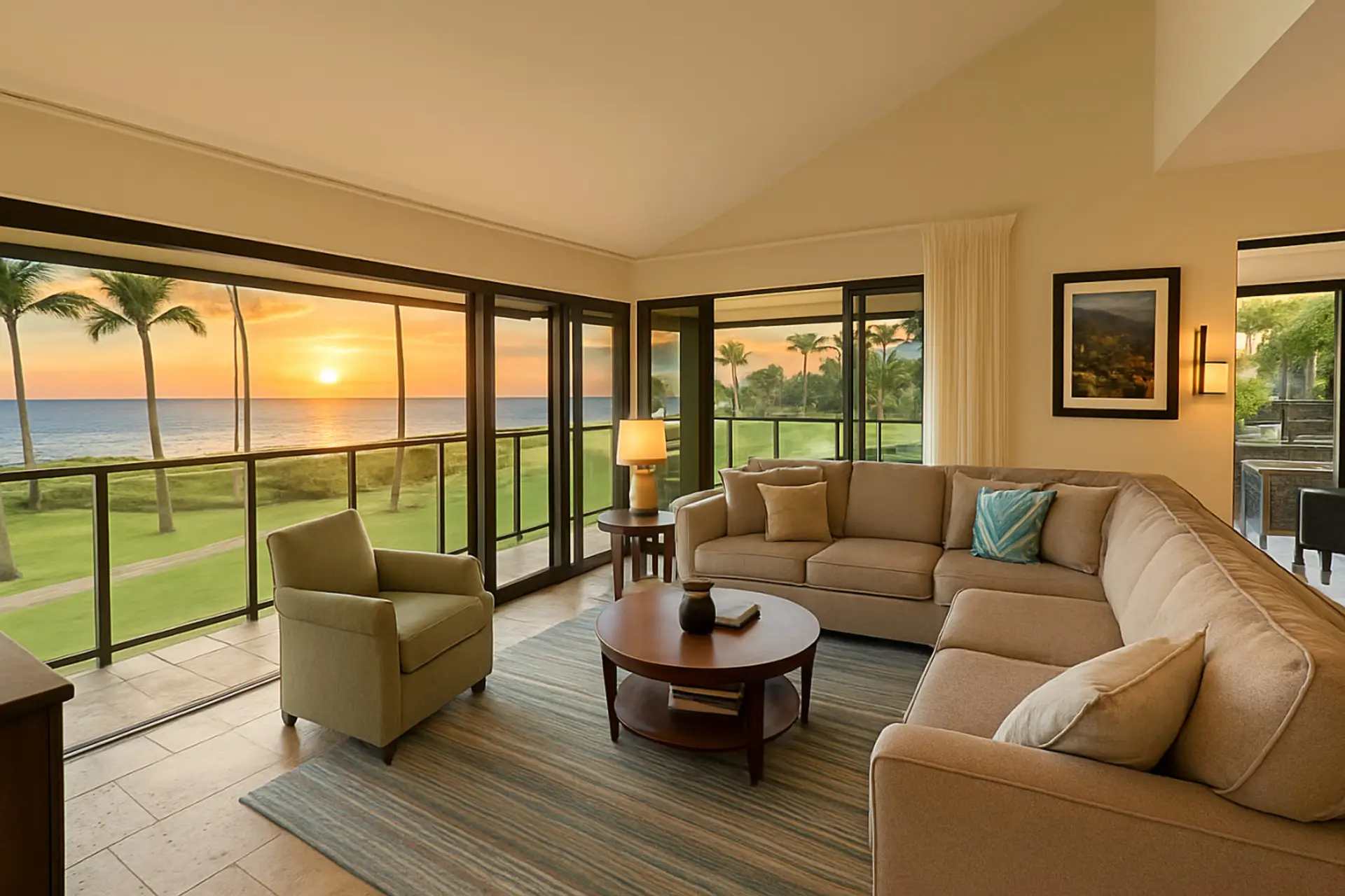 The open living room with slider doors on two sides of the room open to the ocean breezes