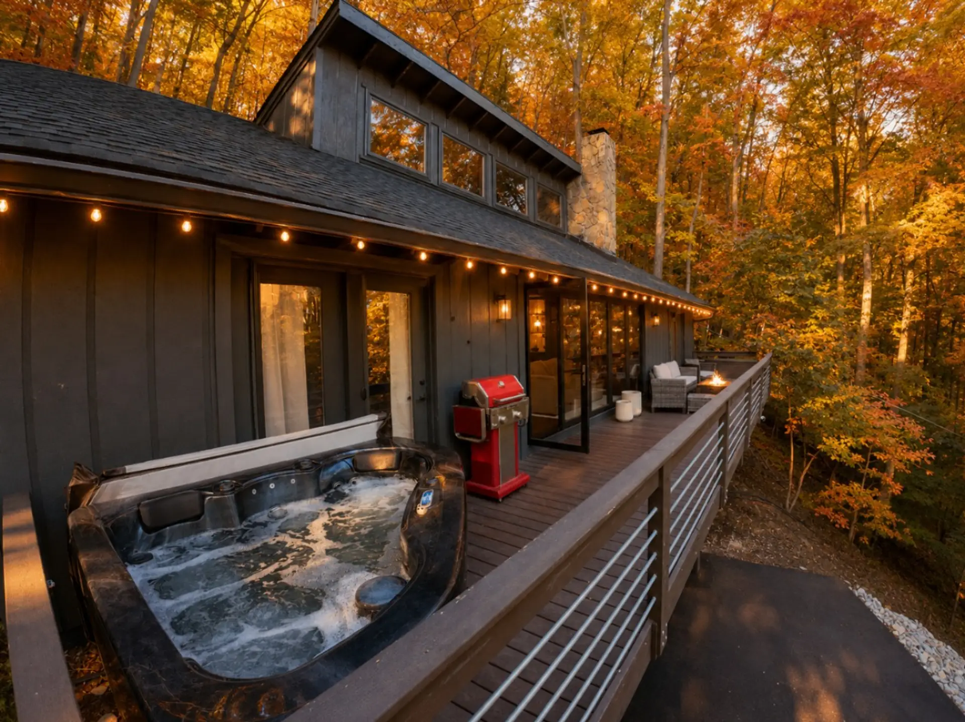 Deck with Hot tub, Grill, Firepit, Outdoor furniture and Fall View