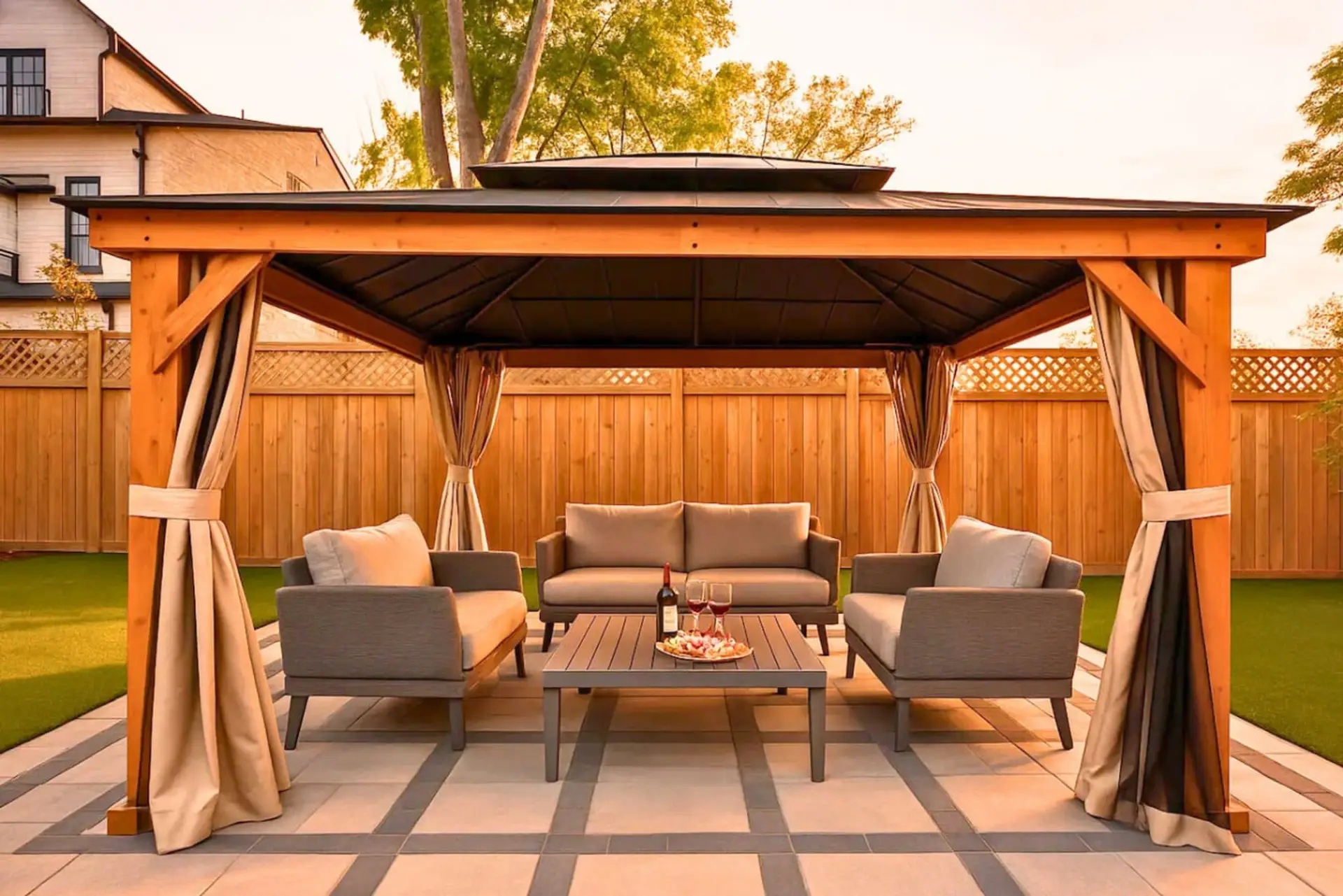 Outdoor gazebo with a seating set including sofa, chairs, and a coffee table on the patio