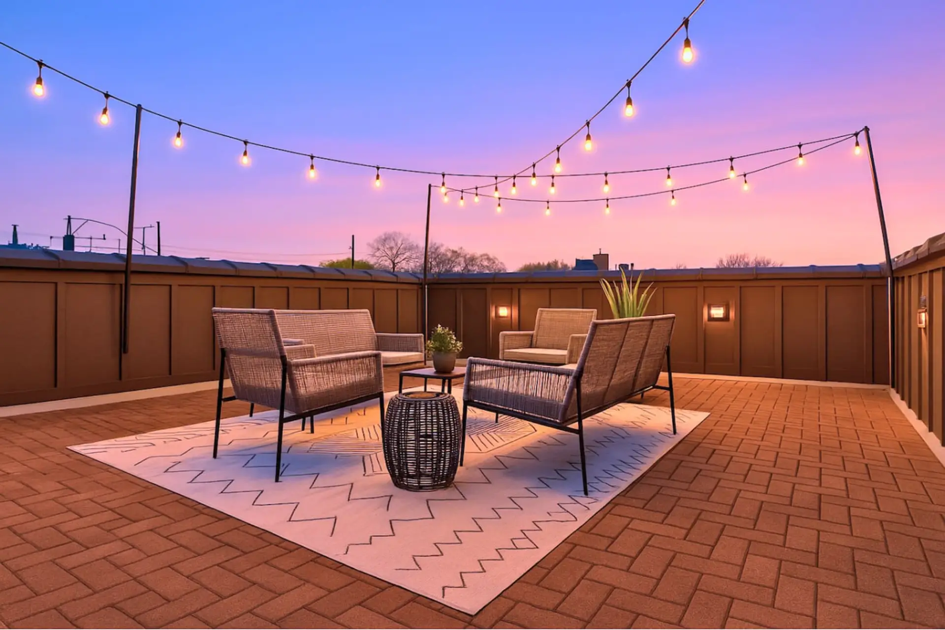 Inviting rooftop patio with a fire pit and cozy seating under string lights