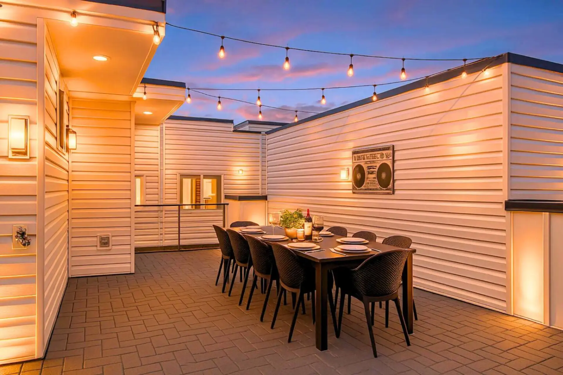 Rooftop deck dining area glowing at sunset with string lights and seating for the whole group